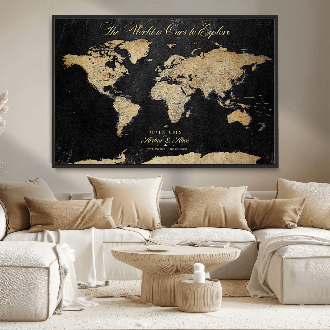 98947257-MGV-CV-36X24-Personalized World Map Wall Art – Vintage Black Adventure Travel Map with Custom Names, Elegant Push Pin Canvas for Couples Home