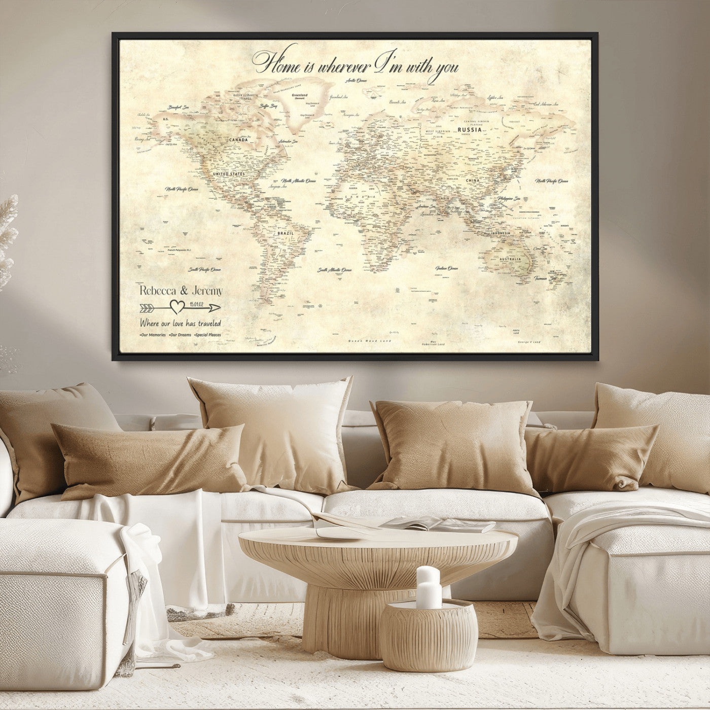 57950315-MGV-CV-36X24-Personalized World Map Wall Art – Vintage Beige Travel Map with Custom Names, Romantic Anniversary Gift for Couples, Adventure