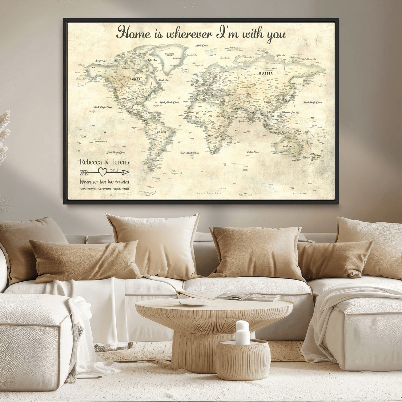35009043-MGV-FC-36X24_Black-Personalized World Map Wall Art – Vintage Beige Travel Map with Custom Names and Date, Romantic Anniversary Gift for Couples Home