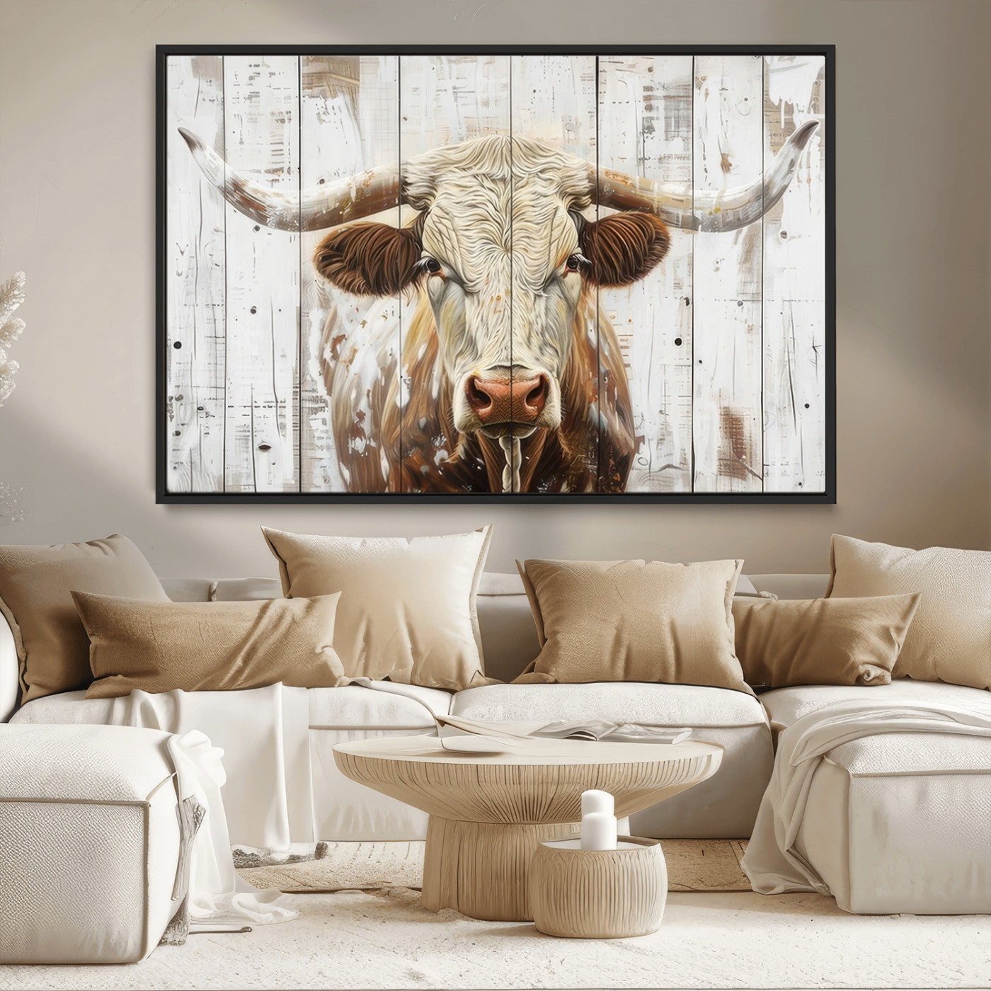 10840-MGV-CV-36X24-Texas Longhorn Wall Art Canvas Print, Framed Rustic Bull Art Picture Print, Western Cattle Perfect Rustic Western Decor Artwork