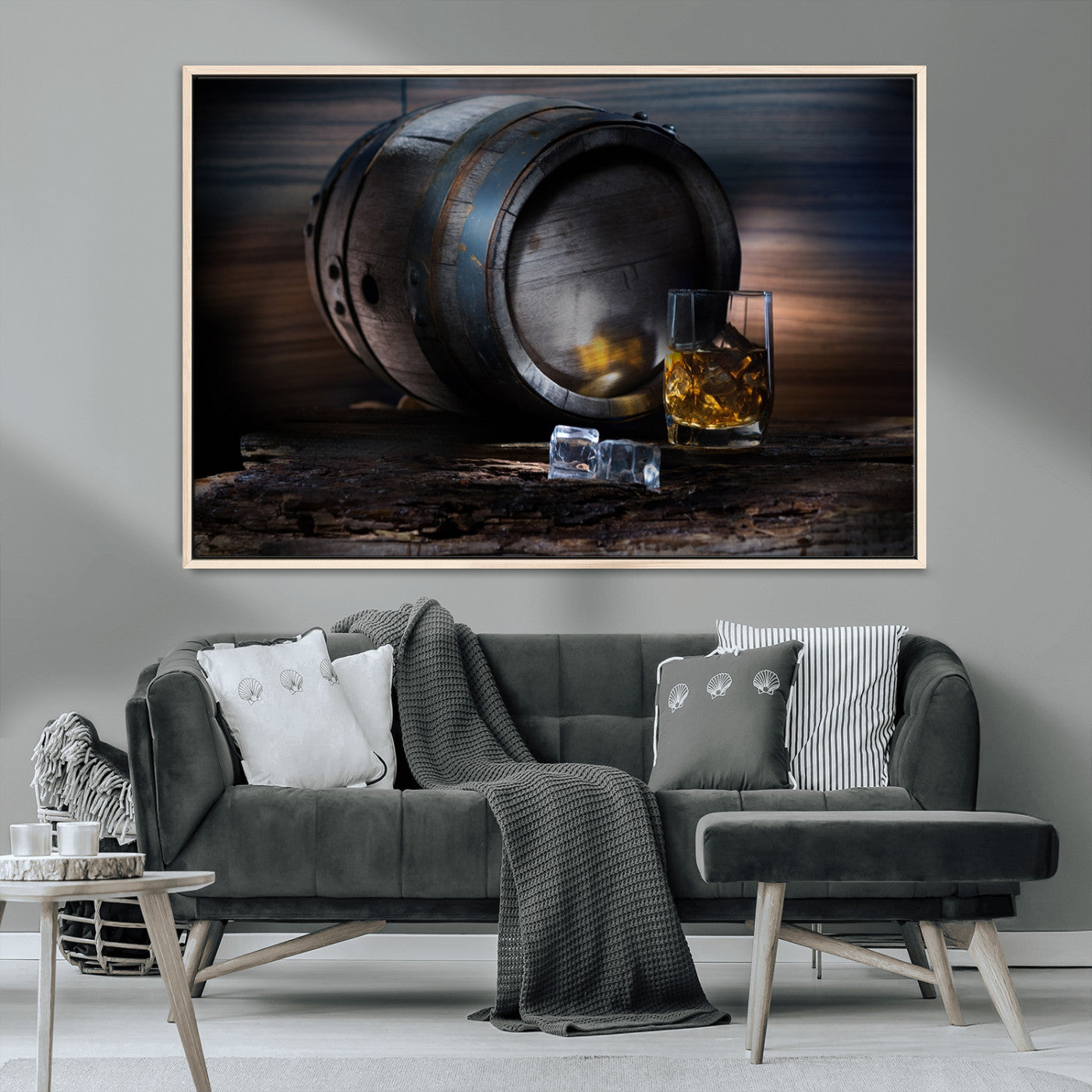 78049-MGV-CV-36X24-Whiskey Barrel Wall Art – Rustic Whiskey Barrel and Glass with Ice Canvas Print, Classic Bar or Lounge Decor for Home, Office, or