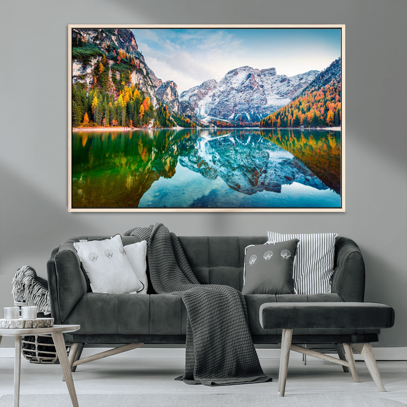 10402-MGV-CV-36X24-Snowy Mountain Lake Wall Art – Autumn Landscape Canvas Print with Reflection, Nature Decor for Living Room, Office, Bedroom or