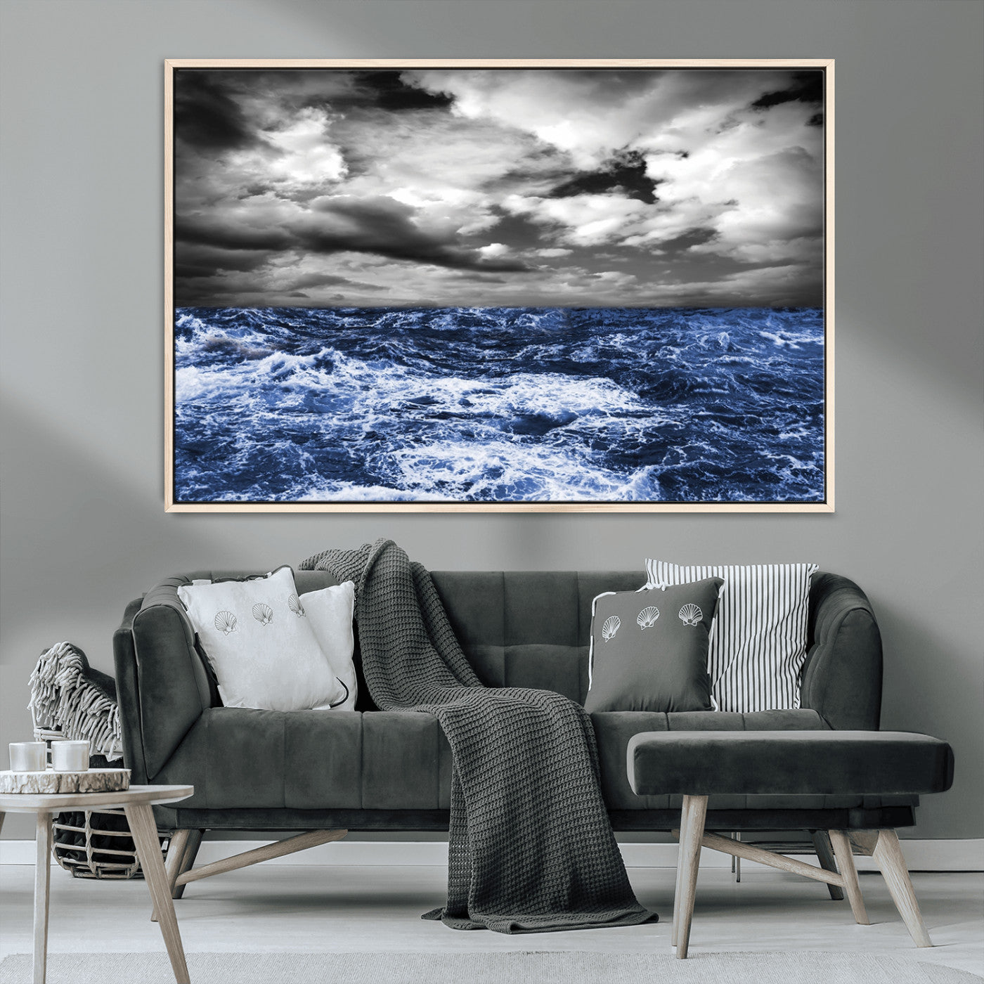 36012-MGV-CV-36X24-Dramatic Stormy Ocean Waves Black and White with Deep Blue Highlights – Moody Seascape Wall Art, Nature Photography Print for Home