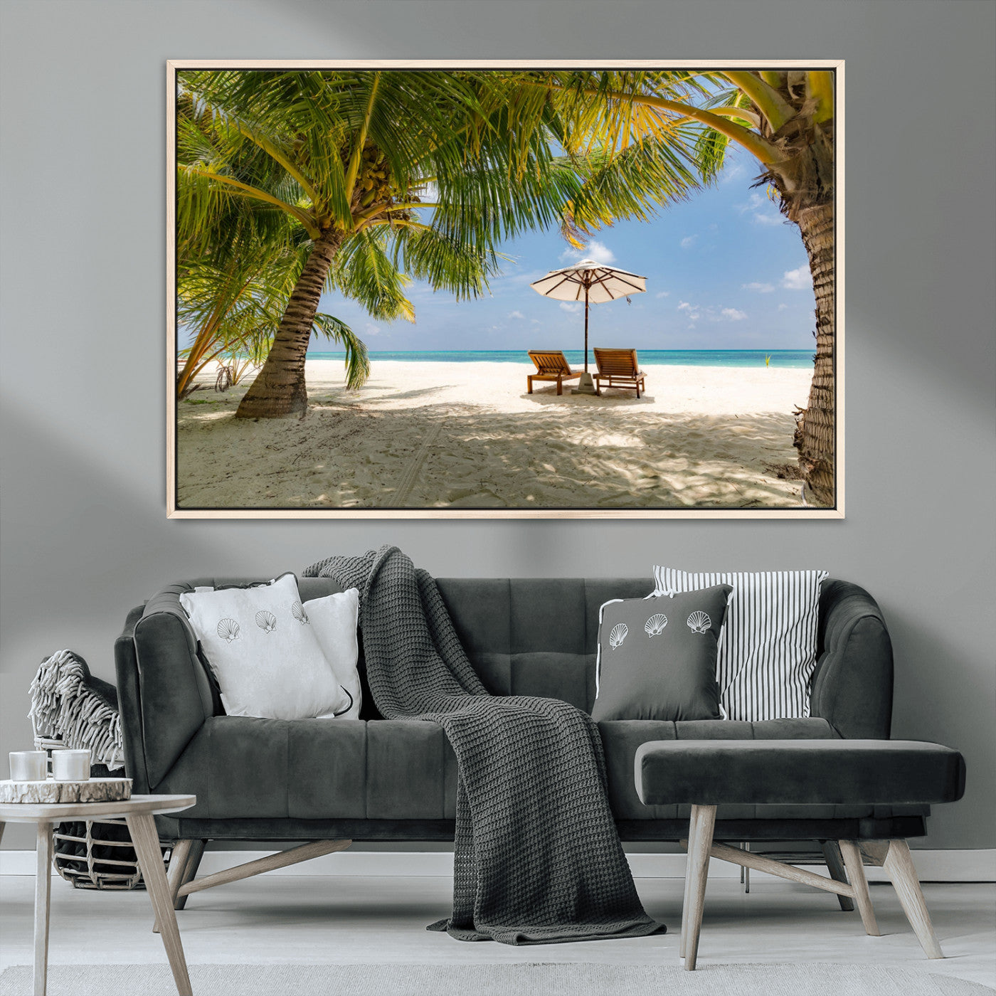 83601-MGV-CV-36X24-Tropical Beach Wall Art – Serene Palm Trees and Lounge Chairs Canvas Print, Relaxing Coastal Decor for Living Room, Bedroom or