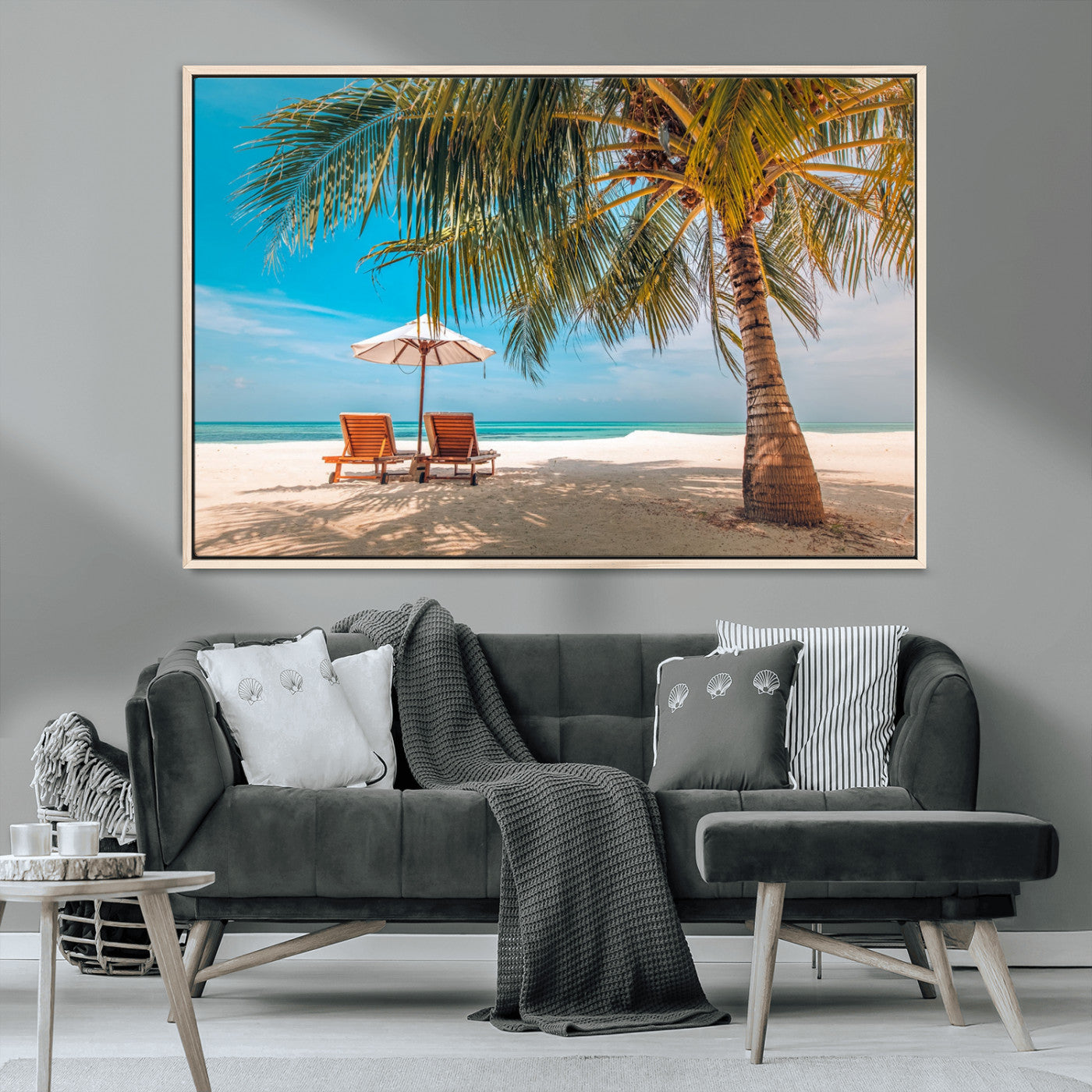 69754-MGV-CV-36X24-Tropical Beach Wall Art – Relaxing Palm Tree and Lounge Chairs Canvas Print, Serene Coastal Decor for Living Room, Bedroom, Office