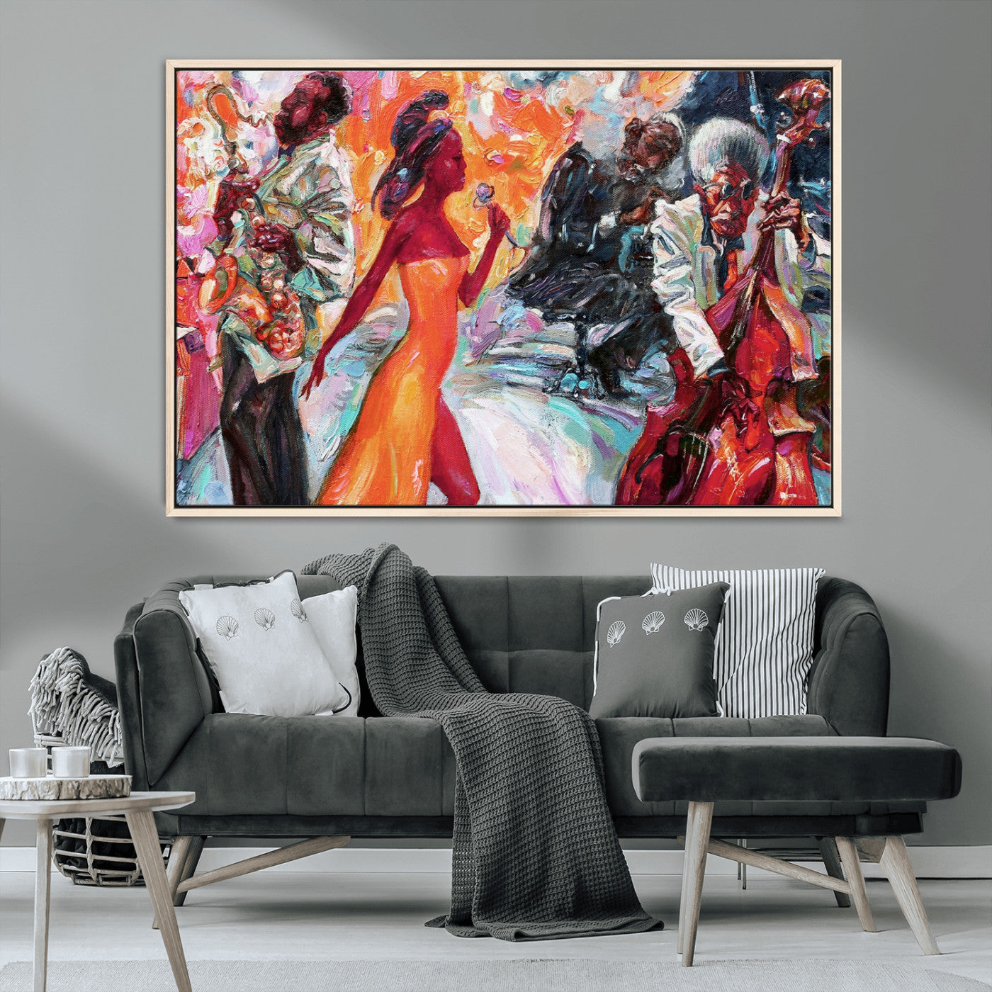 24452-MGV-CV-36X24-Vibrant Jazz Musician Painting - Expressive Art Print of Live Jazz Band, Perfect Wall Decor for Music Lovers and Art Enthusiasts