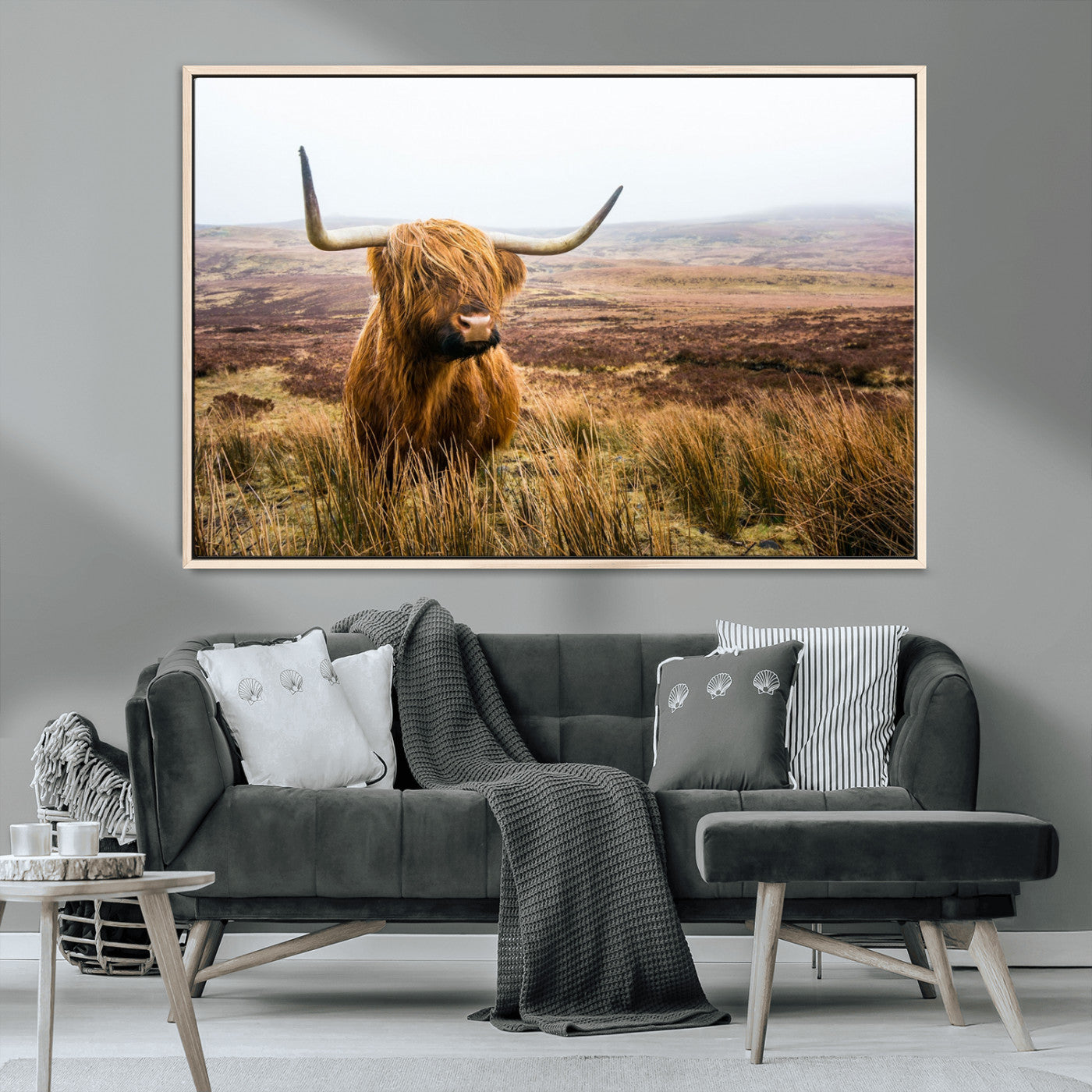 79391-MGV-CV-36X24-Majestic Highland Cow in Misty Scottish Moorland – Rustic Natural Charm, Perfect for Unique Home or Office Decor