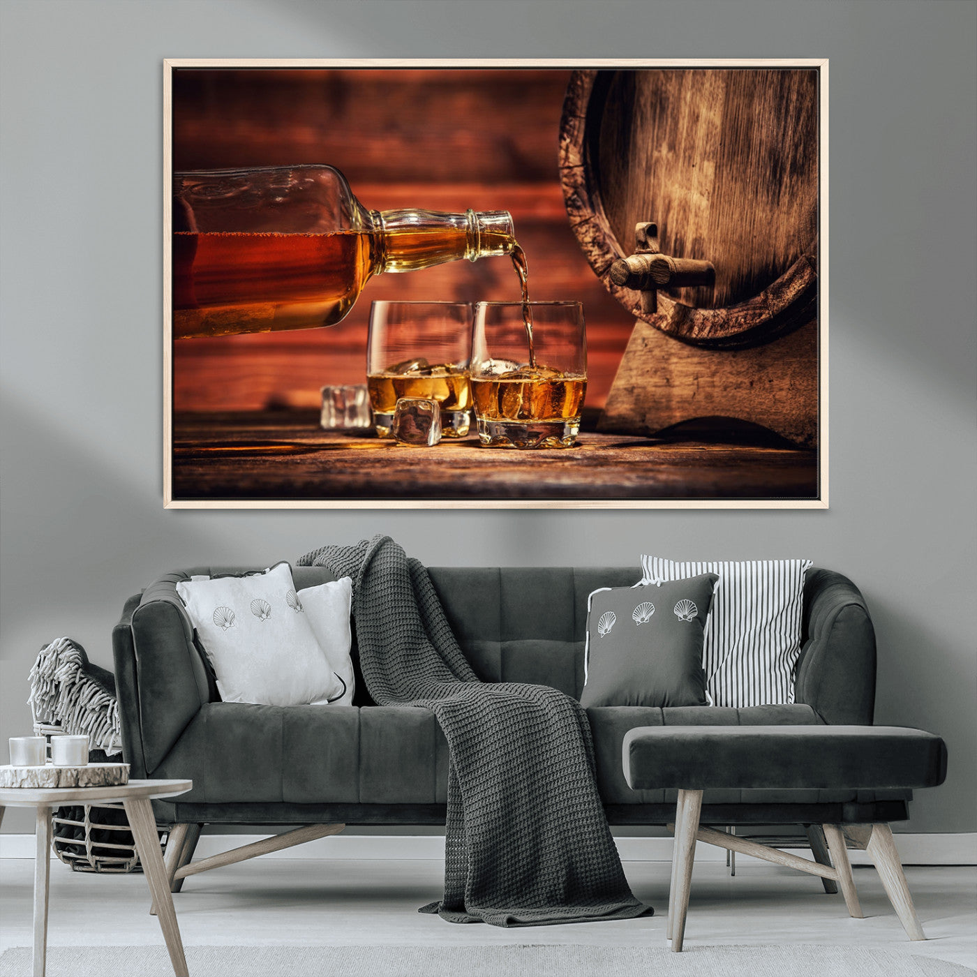 21266-MGV-CV-36X24-Pouring Whiskey into Glasses with Ice – Rustic Wooden Barrel Background, Warm Ambient Lighting, Ideal Decor for Home or Office
