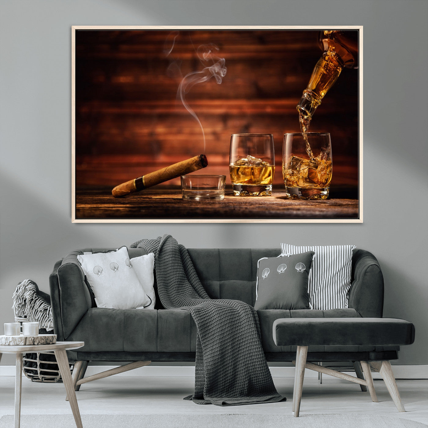 41139-MGV-CV-36X24-Whiskey and Cigar Still Life – Glasses with Ice and Pouring Amber Drink on Wooden Table with Smoke, Elegant Bar or Lounge Wall