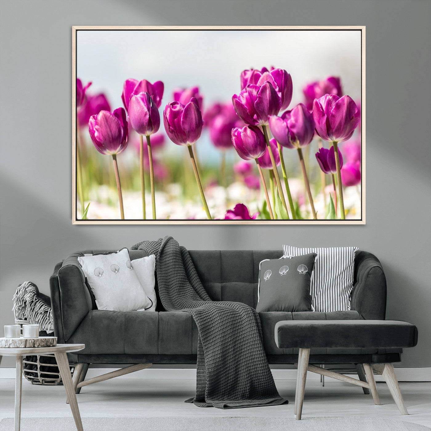 30632-MGV-CV-36X24-Purple Tulip Field Wall Art – Beautiful Spring Flowers Canvas Print with Soft Focus and Bright Sky, Ideal Floral Decor for Home or