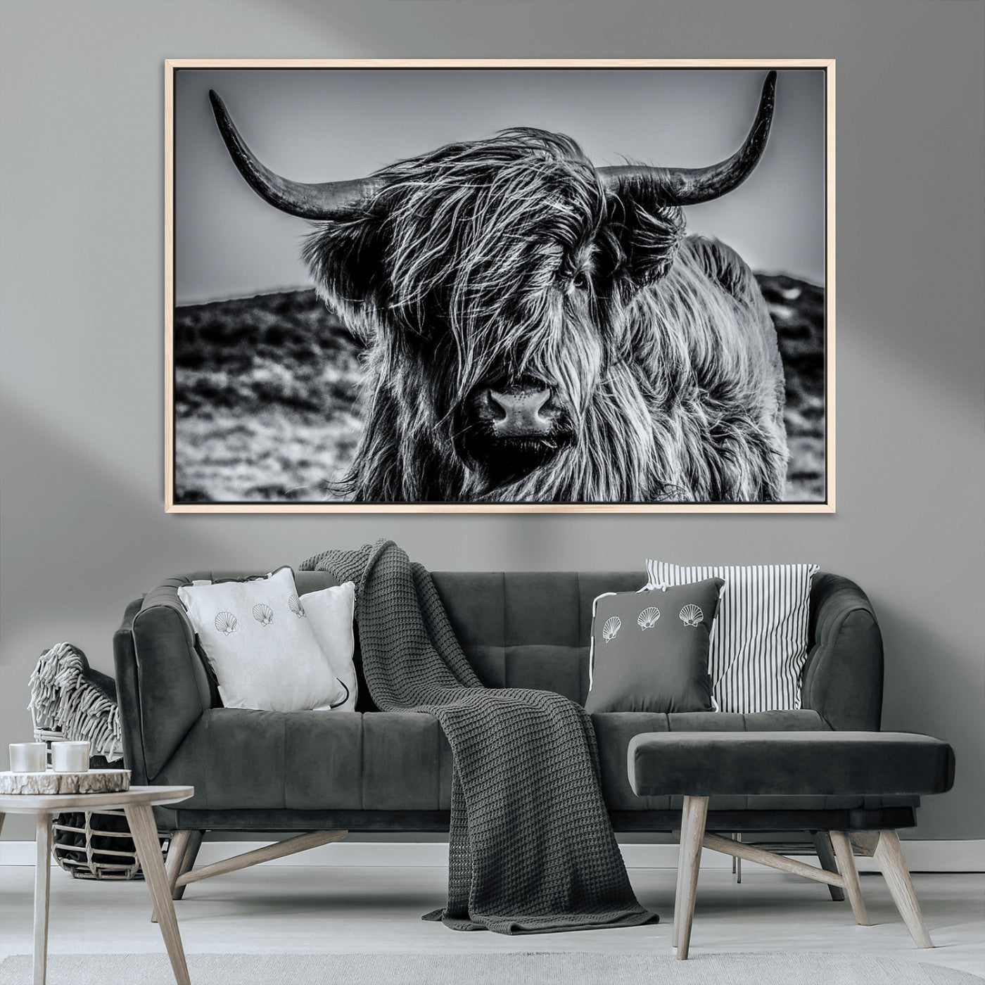 97372-MGV-CV-36X24-Elegant Highland Cow Wall Art – Black and White Canvas Print, Rustic Nature Decor for Home, Office, Living Room or Man Cave