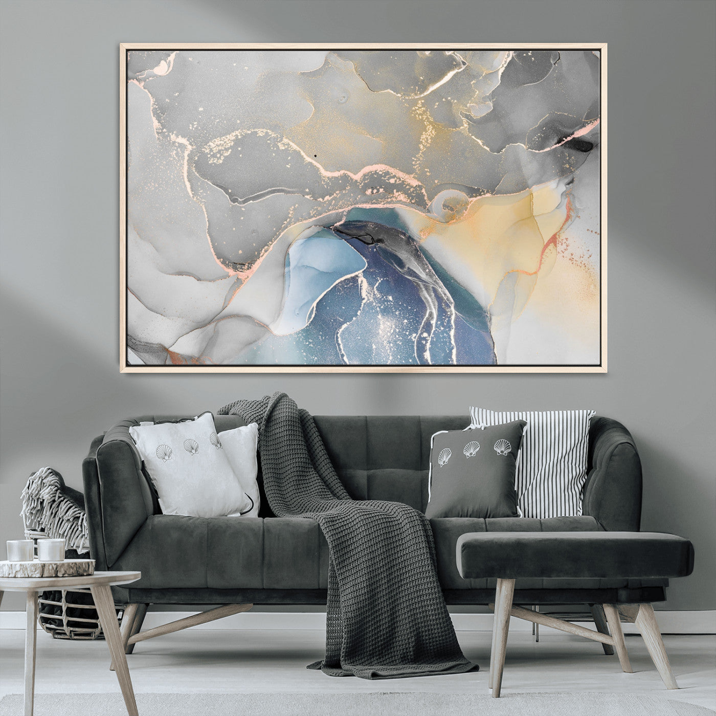 63211-MGV-CV-36X24-Abstract Fluid Art Wall Decor – Blue, Gray & Gold Canvas Print, Modern Home and Office Wall Art Decor for Living Room, Bedroom or