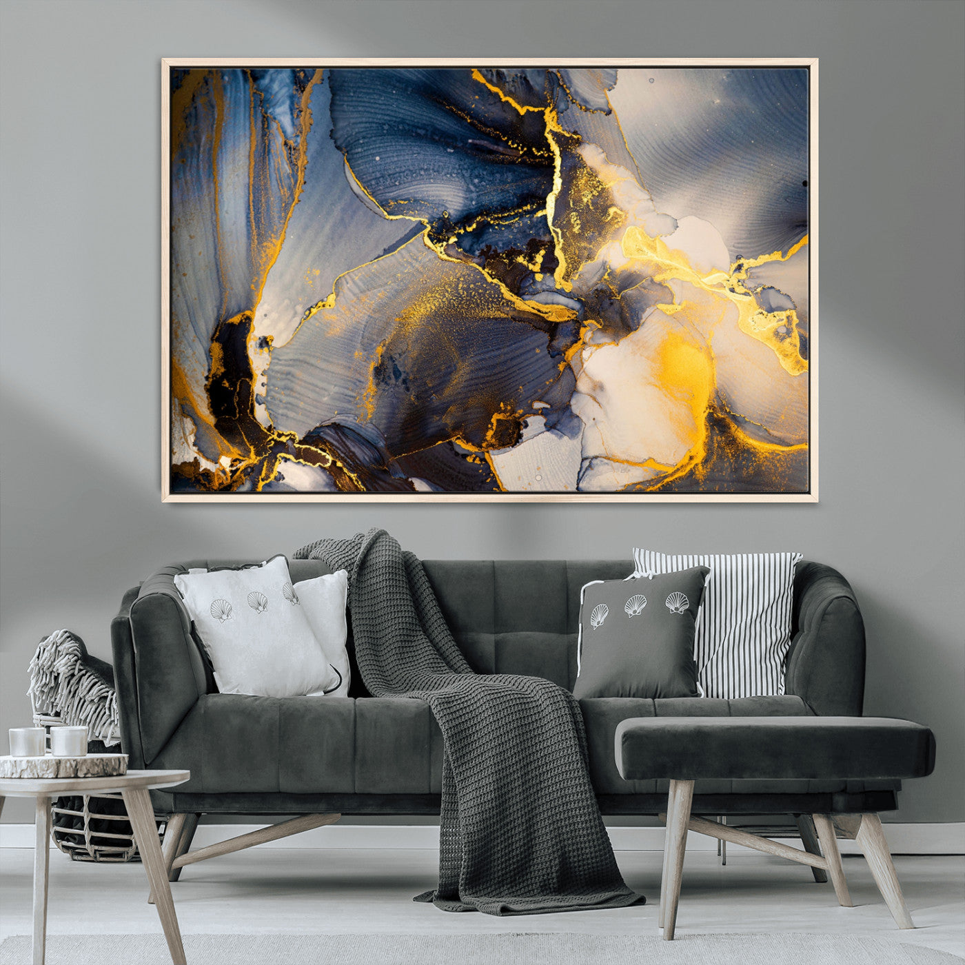 42100-MGV-CV-36X24-Golden Flow Abstract Wall Art – Panoramic Modern Blue and Gold Canvas Print, Contemporary Artistic Decor for Home, Office