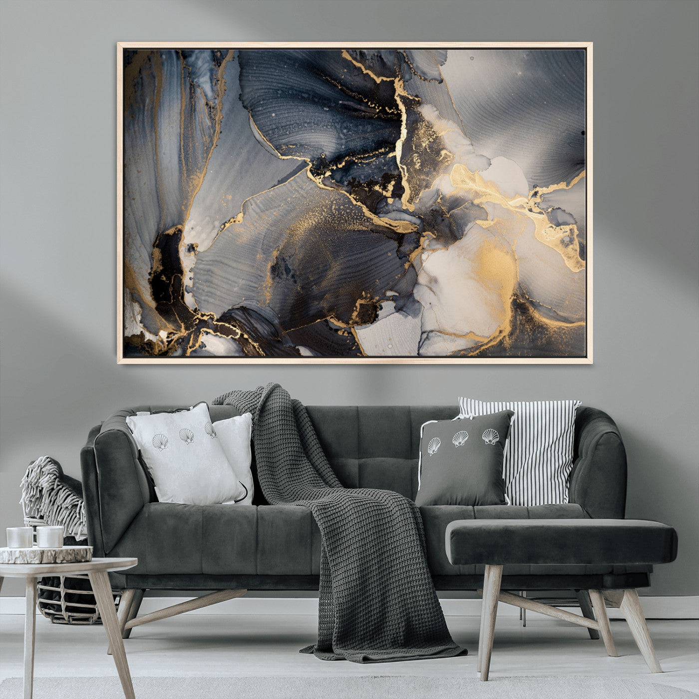 24068-MGV-CV-36X24-Luxury Abstract Wall Art – Gold & Gray Fluid Ink Painting Canvas, Modern Metallic Home Decor, Elegant Office or Living Room Accent