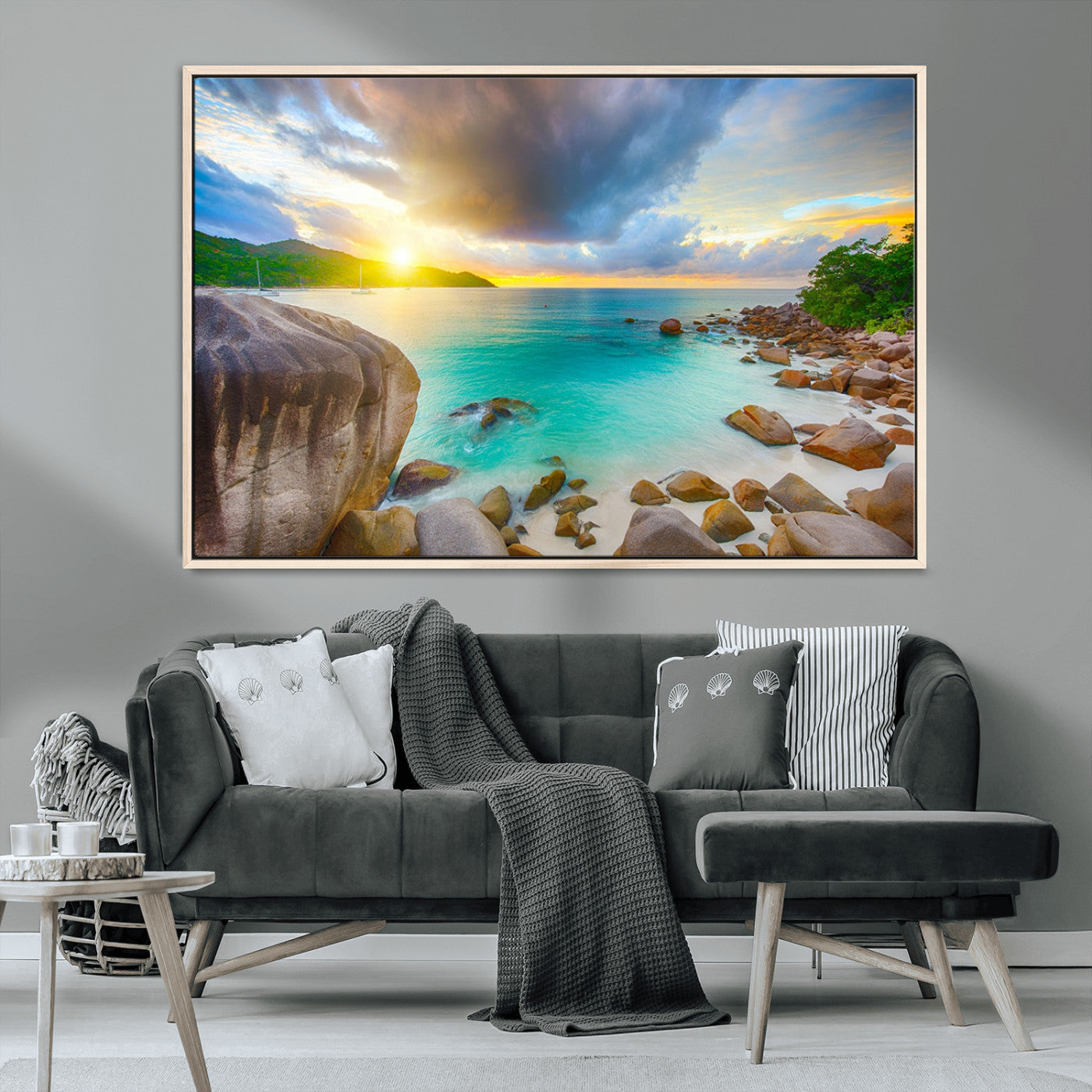 23769-MGV-CV-36X24-Tropical Beach Sunset Wall Art – Ocean Waves and Rocky Shore Canvas Print, Coastal Seascape Photography Decor