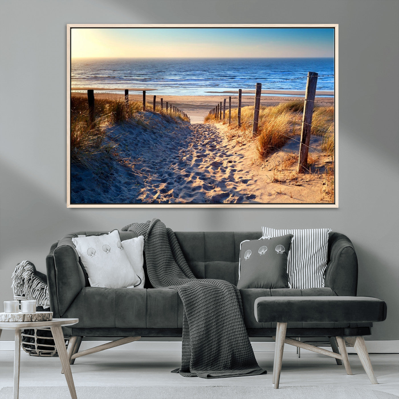 31889-MGV-CV-36X24-Sandy Beach Pathway Wall Art – Coastal Dune Fence and Ocean View Canvas Print, Relaxing Seaside Landscape Decor for Living Room or