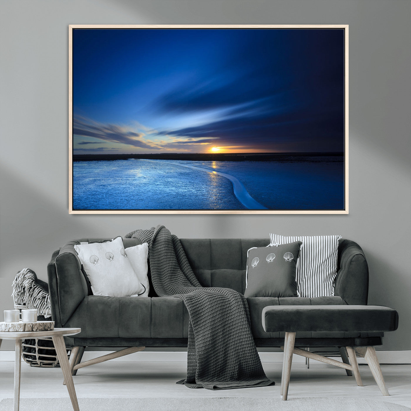 65405-MGV-CV-36X24-Blue Sunrise Seascape Wall Art – Tranquil Ocean Horizon Canvas Print with Golden Sunlight and Deep Sky, Coastal Landscape Decor