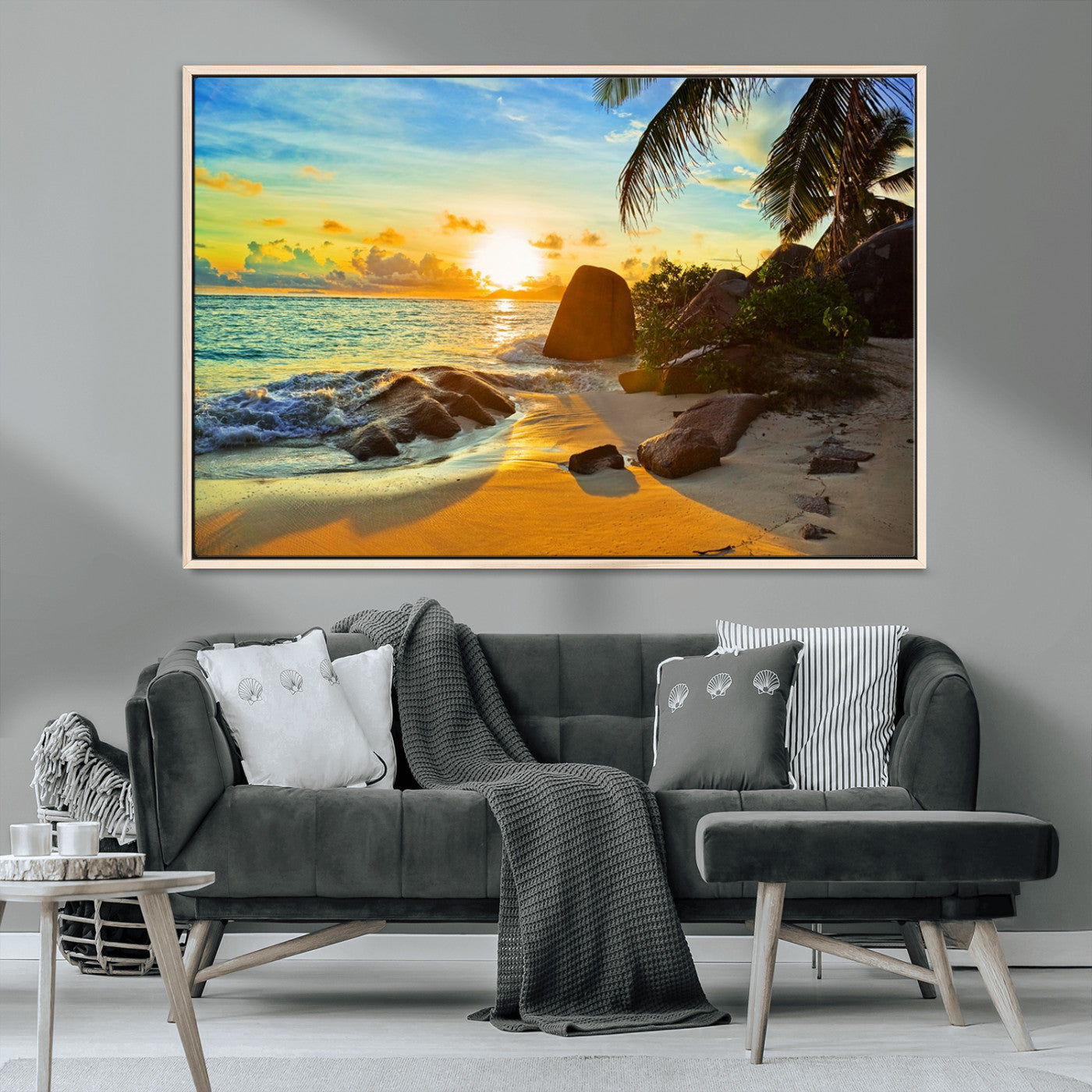 26181-MGV-CV-36X24-Golden Tropical Sunset Beach Wall Art – Ocean Canvas Print with Palm Trees and Rocks, Coastal Paradise Decor for Living Room or