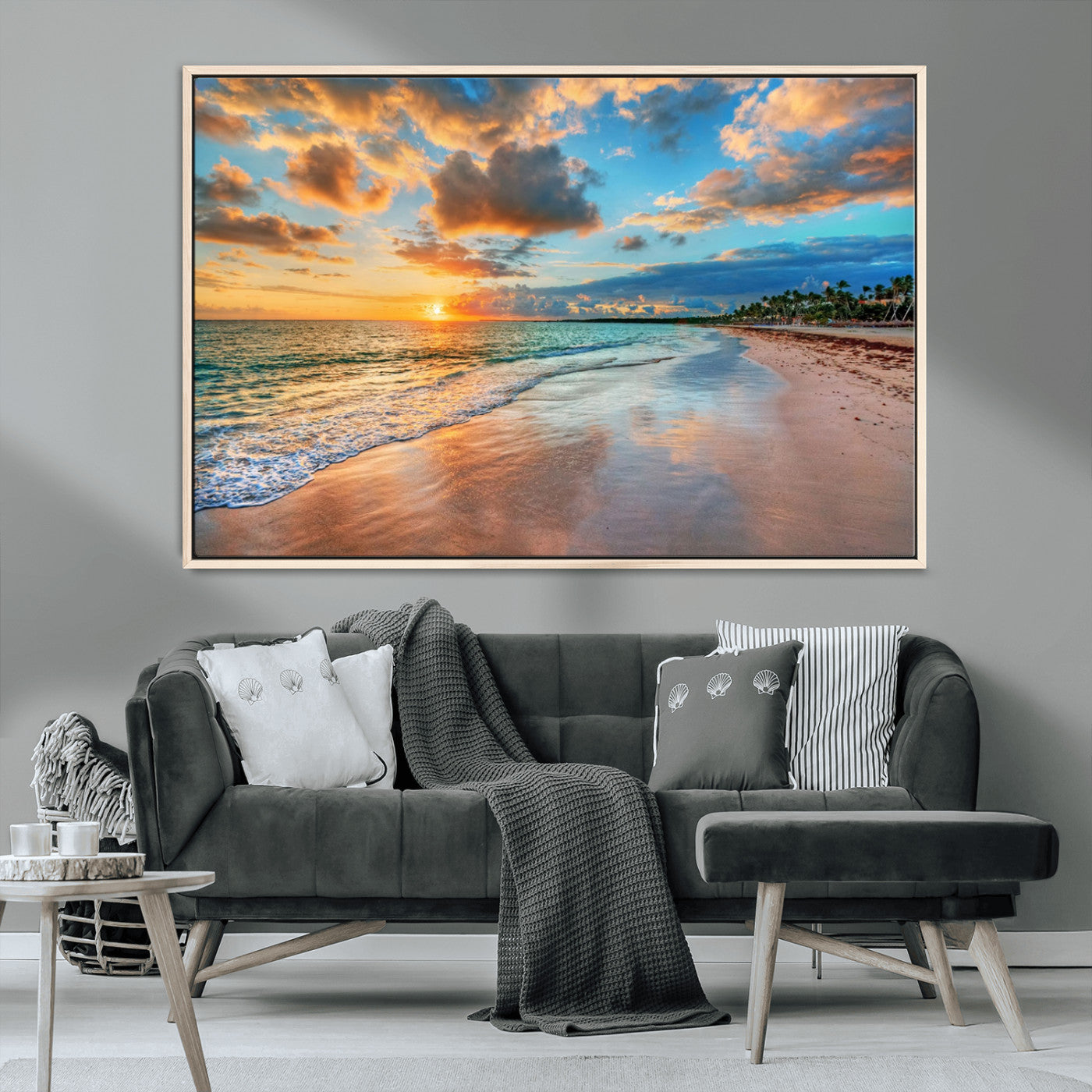 41572-MGV-CV-36X24-Sunset Beach Wall Art – Ocean Waves and Palm Trees Canvas Print, Tropical Coastal Sunset Seascape Decor for Living Room, Bedroom