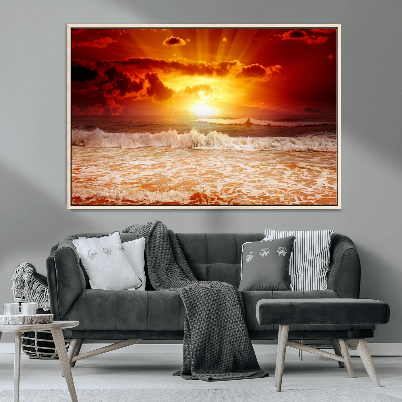 60211-MGV-CV-36X24-Fiery Sunset Ocean Waves Canvas Print – Vibrant Red & Orange Coastal Wall Art, Dramatic Seascape Decor