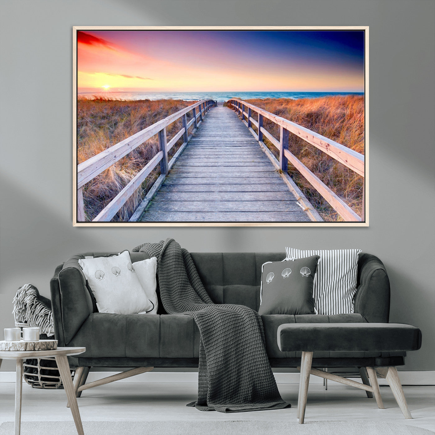 60625-MGV-CV-36X24-Beach Boardwalk Sunrise Wall Art – Coastal Pathway to Ocean Canvas Print, Seaside Landscape Decor for Home or Office
