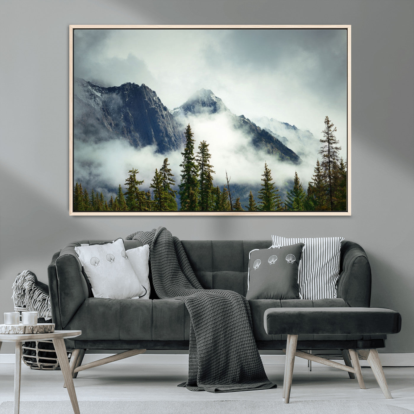93219-MGV-CV-36X24-Misty Mountain Wall Art – Foggy Pines and Rocky Peaks Canvas Print, Nature Landscape Decor for Living Room, Office or Bedroom