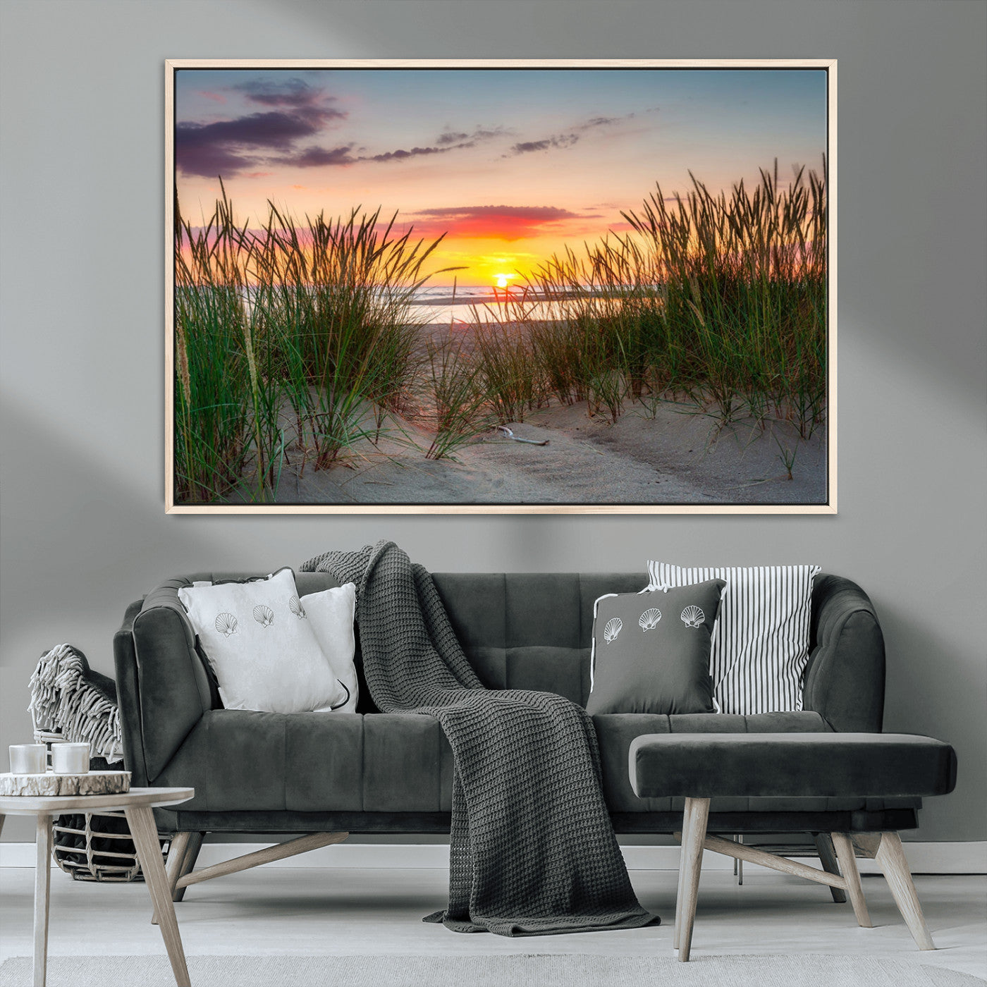 25576-MGV-CV-36X24-Beach Grass Sunset Wall Art – Coastal Sand Dune Landscape Canvas Print, Ocean View Nature Decor for Living Room or Office Wall
