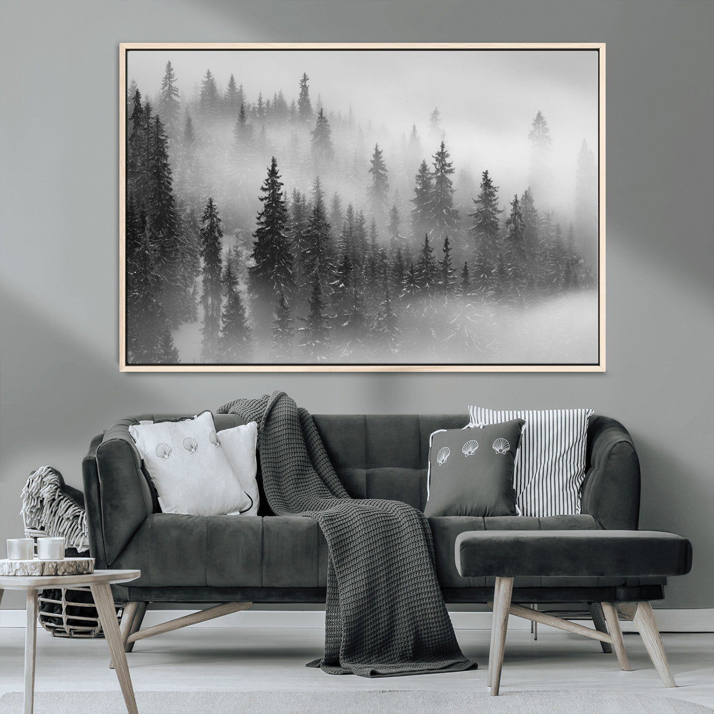 57235-MGV-CV-36X24-Misty Pine Forest Wall Art – Black and White Mountain Landscape Canvas Print, Nature Woodland Decor for Living Room, Bedroom or