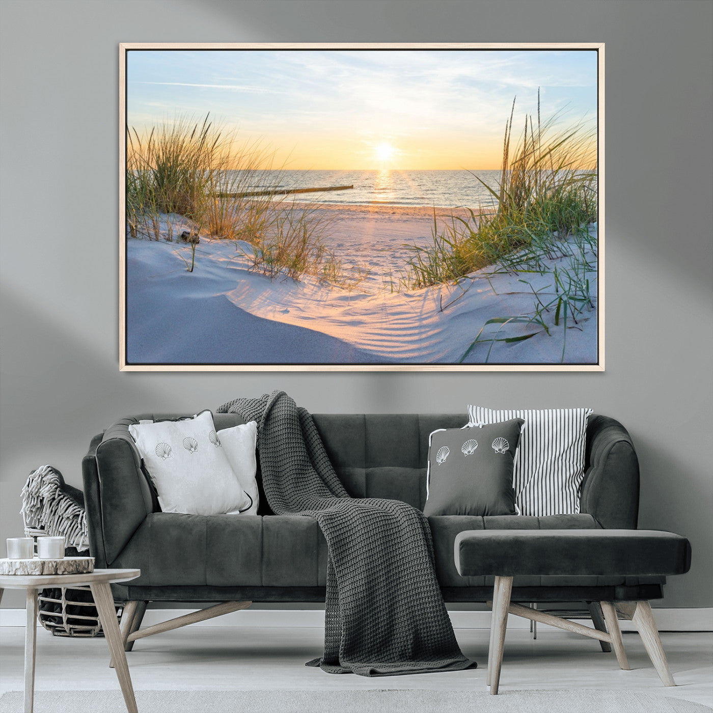 48907-MGV-CV-36X24-Beach Sunset Wall Art – Coastal Sand Dunes and Ocean View Canvas Print, Serene Seaside Landscape Painting for Living Room, Bedroom