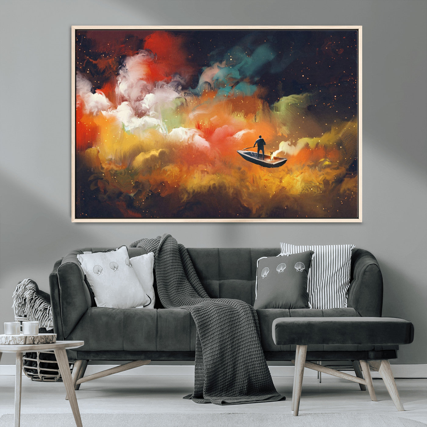 45085-MGV-CV-36X24-Surreal Cosmic Wall Art – Abstract Galaxy Dreamscape Canvas Print with Man and Dog in Boat, Fantasy Nebula Painting for Living