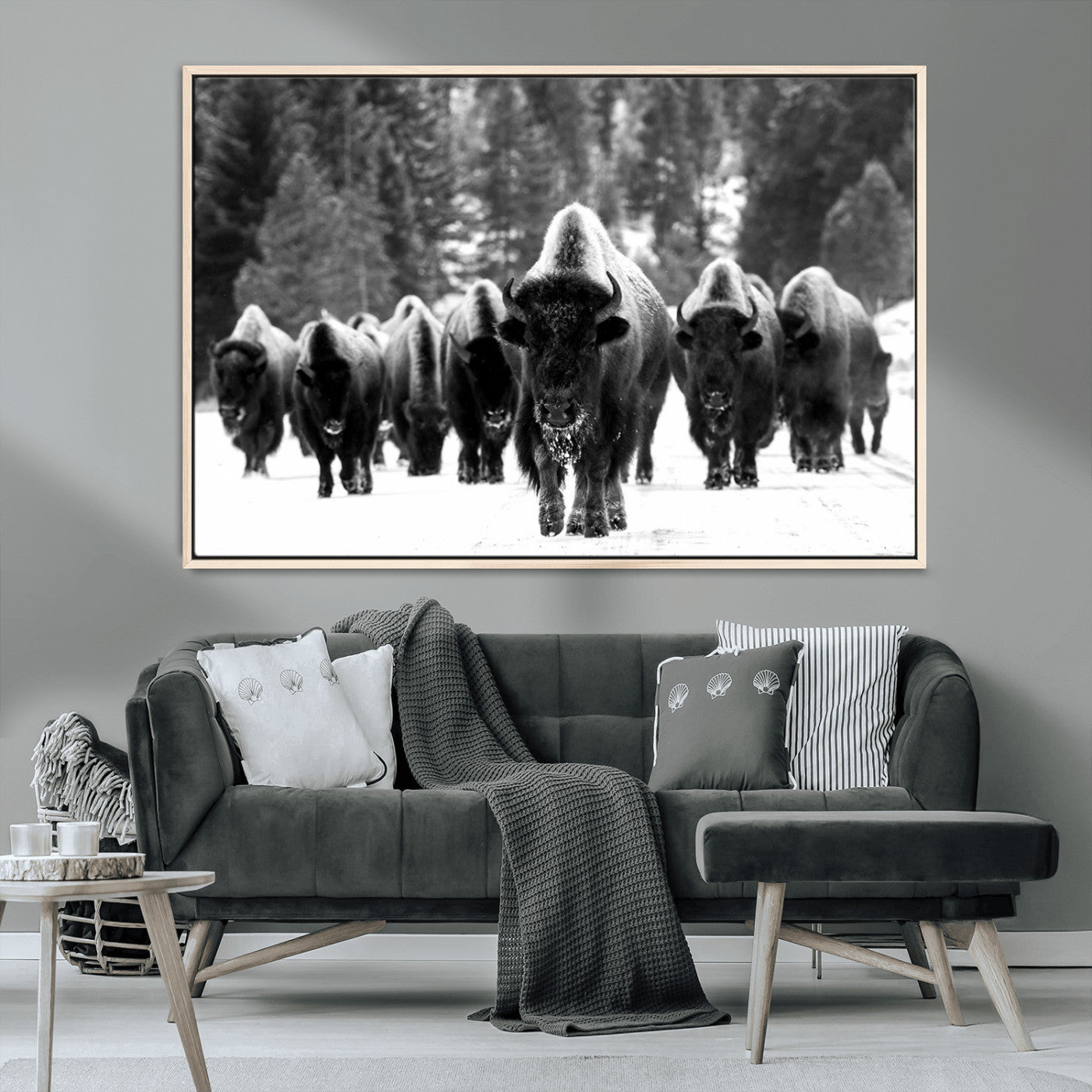 62434-MGV-CV-36X24-Bison Herd Wall Art – Majestic Black and White Buffalo Canvas Print, Wildlife Nature Photography Decor for Living Room, Office or