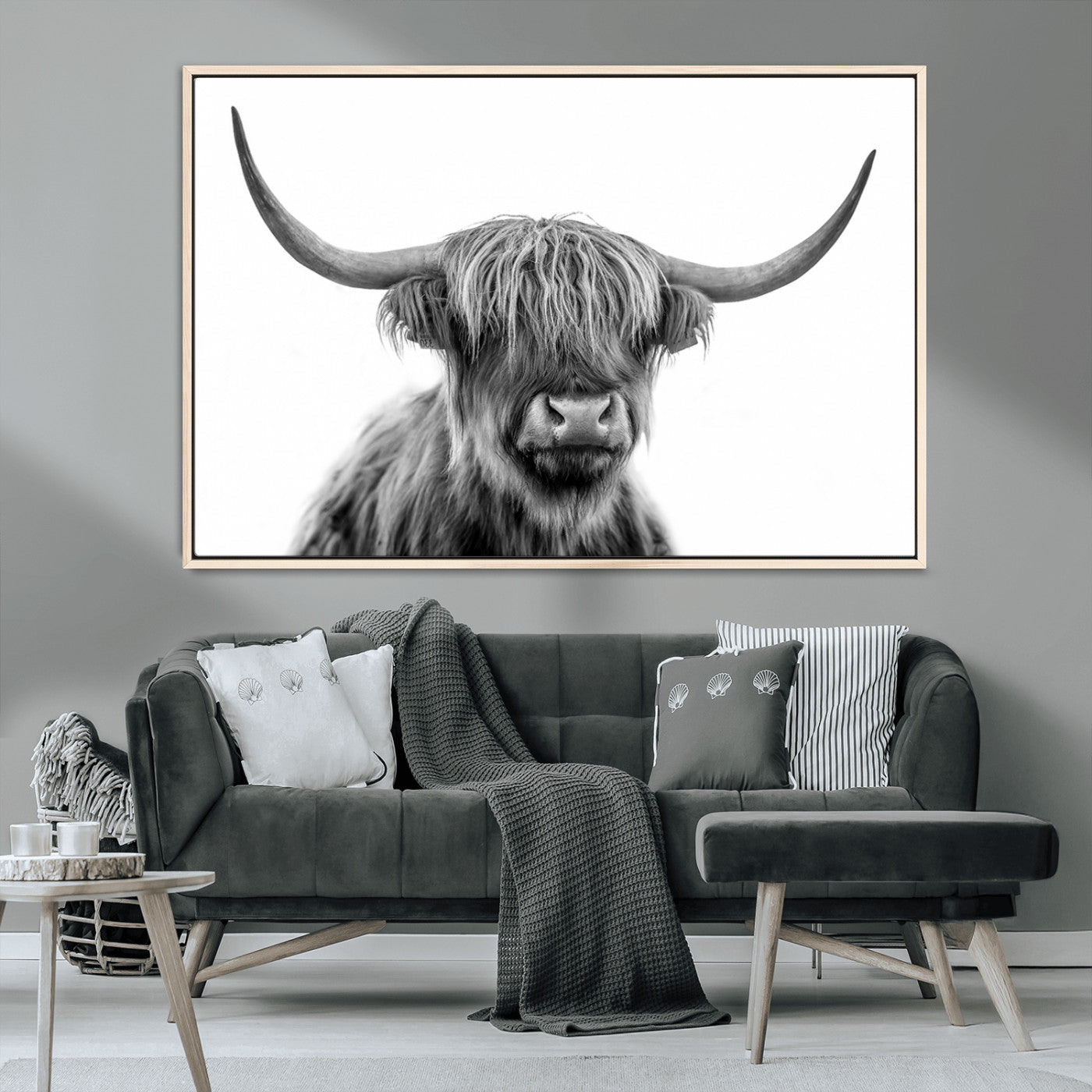 10123-MGV-CV-36X24-Black and White Highland Cow Wall Art – Modern Farmhouse Animal Print, Rustic Scottish Bull Canvas Decor for Living Room, Bedroom,