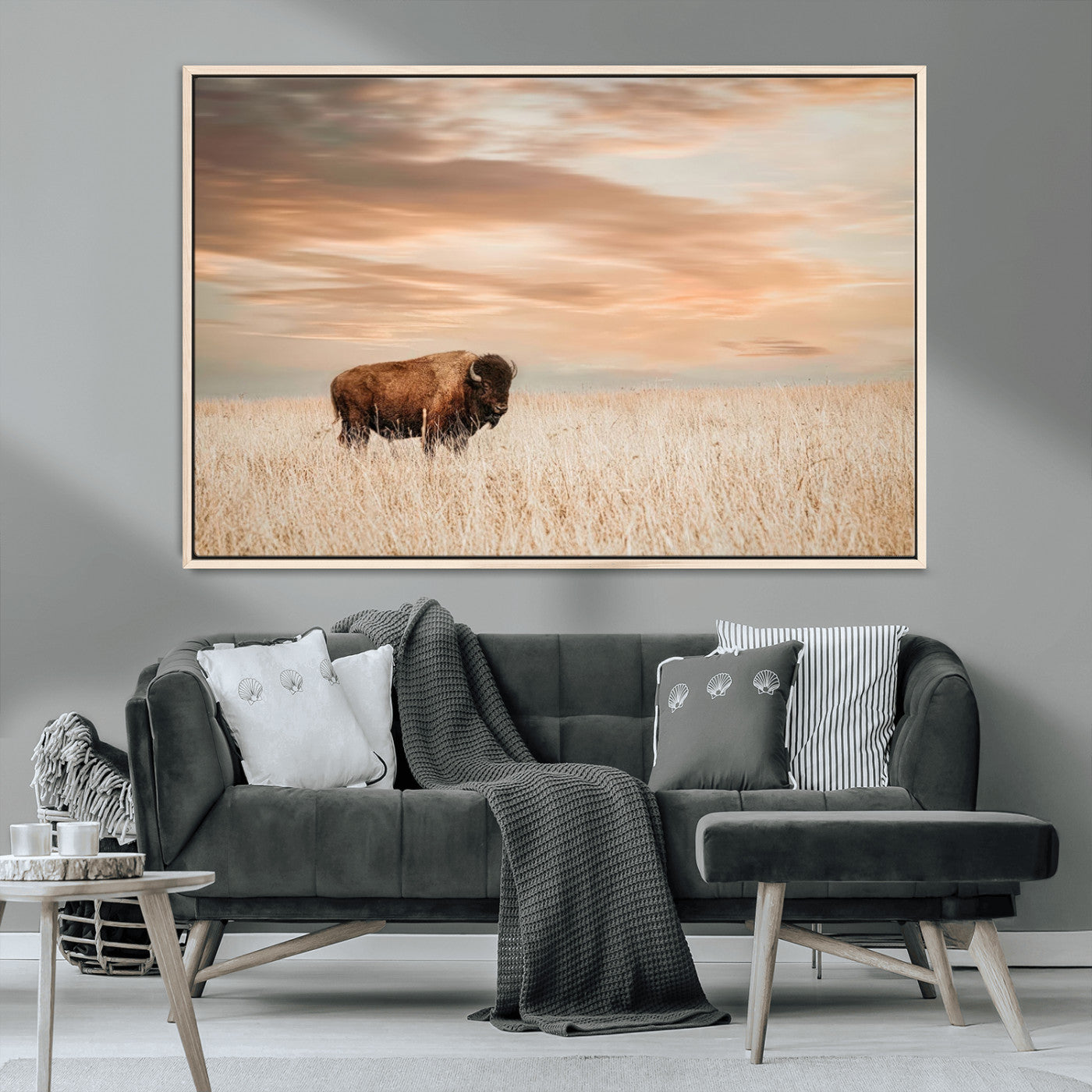 99699-MGV-CV-36X24-Bison in Prairie at Sunset – Wildlife Photography Print, American Buffalo Wall Art, Nature Landscape Canvas Decor for Office