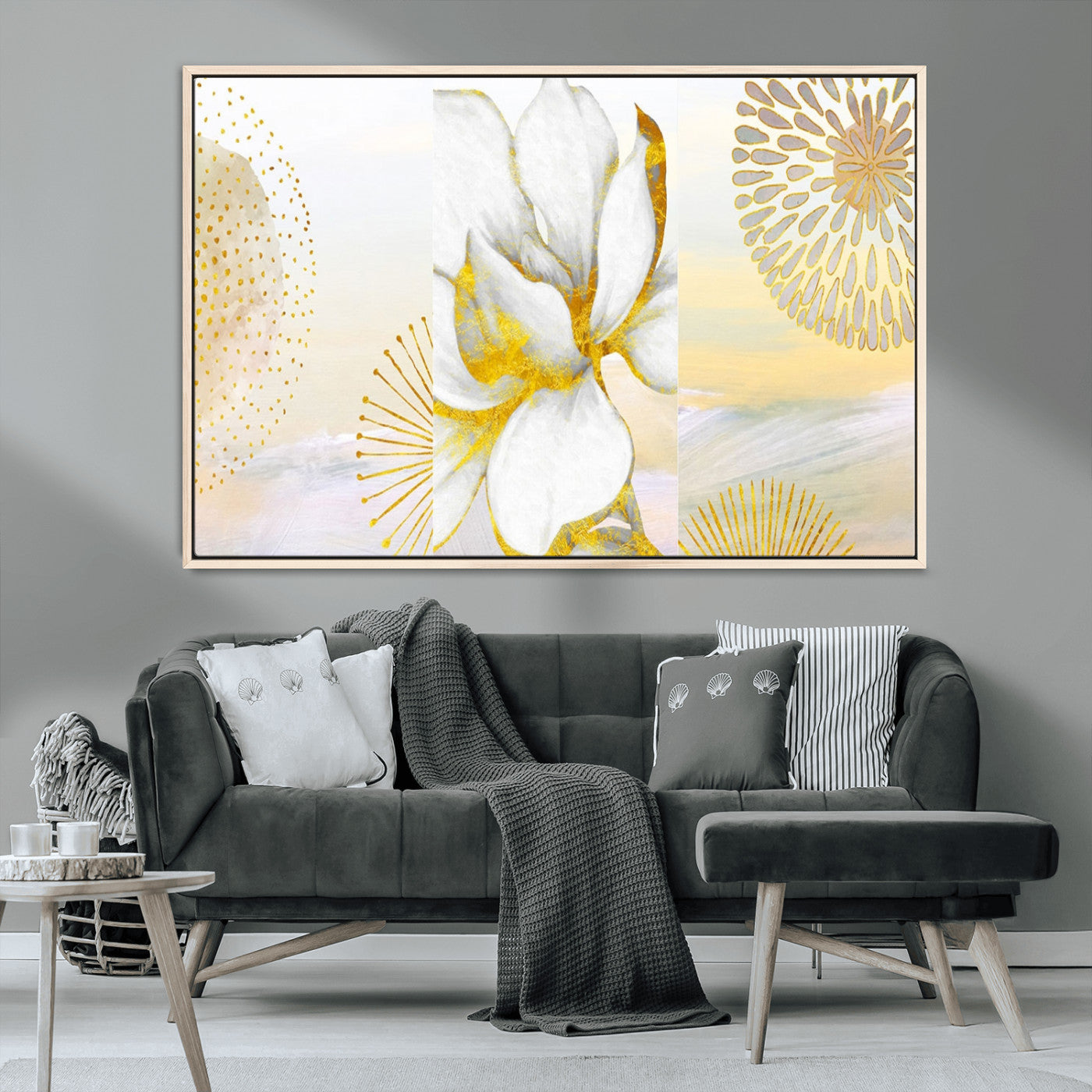 82301-MGV-CV-36X24-Modern Floral Wall Art – White Flower with Gold Detailing Canvas Print, Elegant Abstract Artwork for Living Room, Bedroom, or