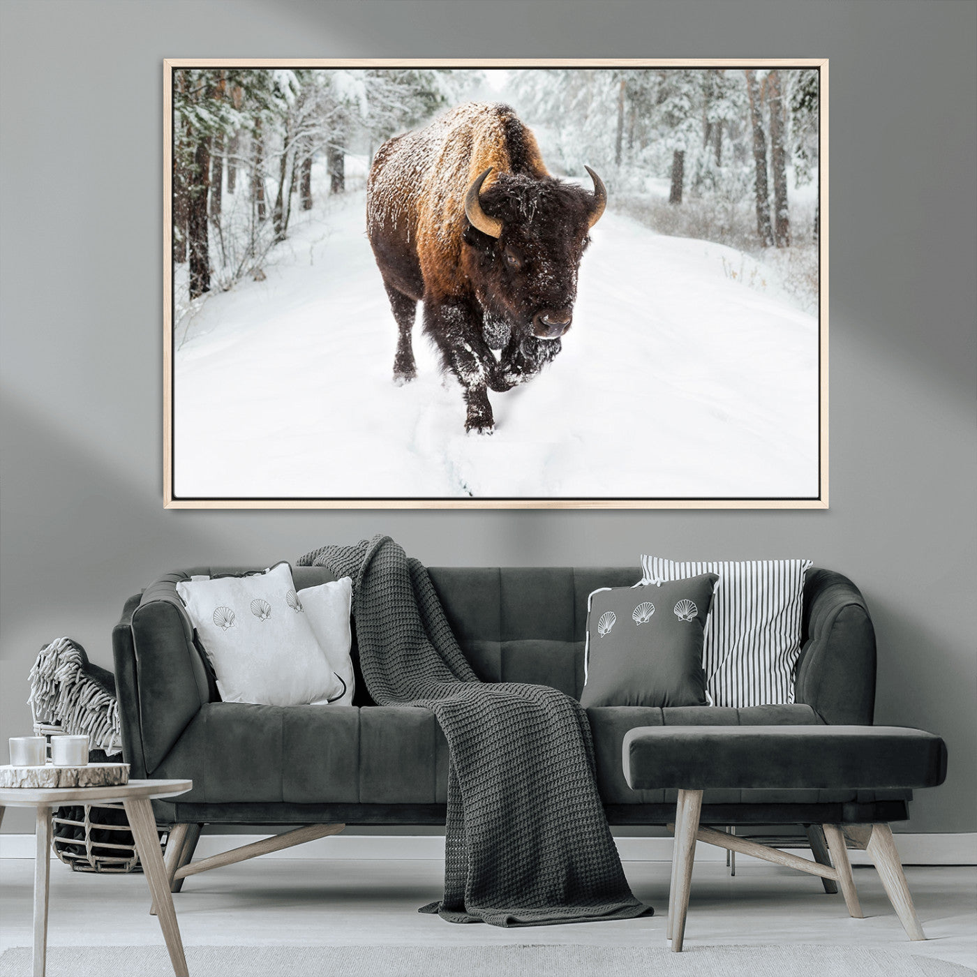 10109-MGV-CV-36X24-Majestic Bison Winter Wall Art – Snowy Forest Buffalo Canvas Print, Rustic Wildlife Photography Decor for Cabin, Lodge, Living