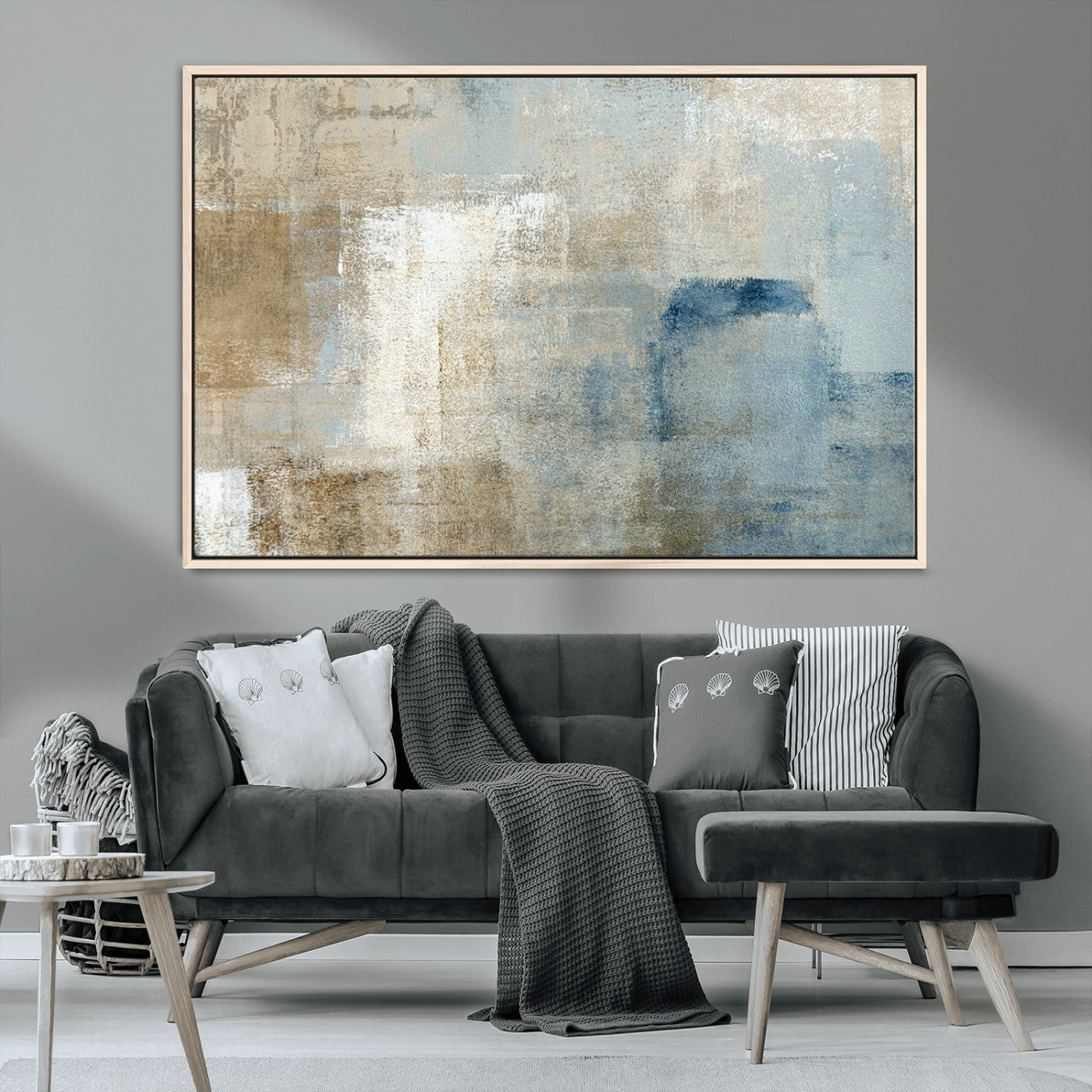 38126-MGV-CV-36X24-Neutral Abstract Wall Art – Modern Beige and Blue Canvas Print and Minimalist Textured Painting for Living Room, Bedroom or Office