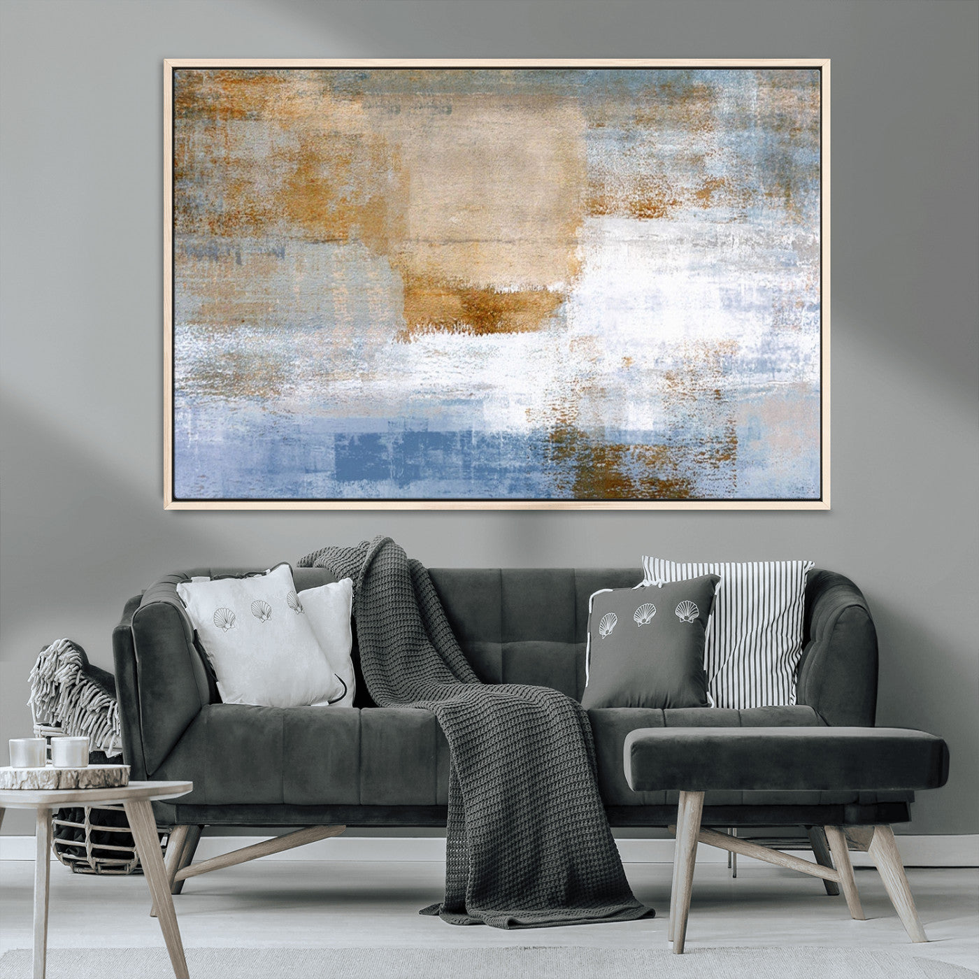 72354-MGV-CV-36X24-Blue and Gold Abstract Wall Art – Modern Minimalist Canvas Print, Textured Contemporary Painting for Living Room, Bedroom, or