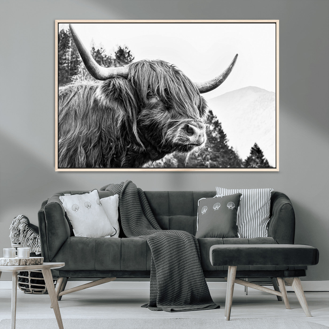 61570-MGV-CV-36X24-Highland Cow Wall Art – Black and White Scottish Bull Canvas Print, Rustic Farmhouse Animal Decor for Living Room, Bedroom, or