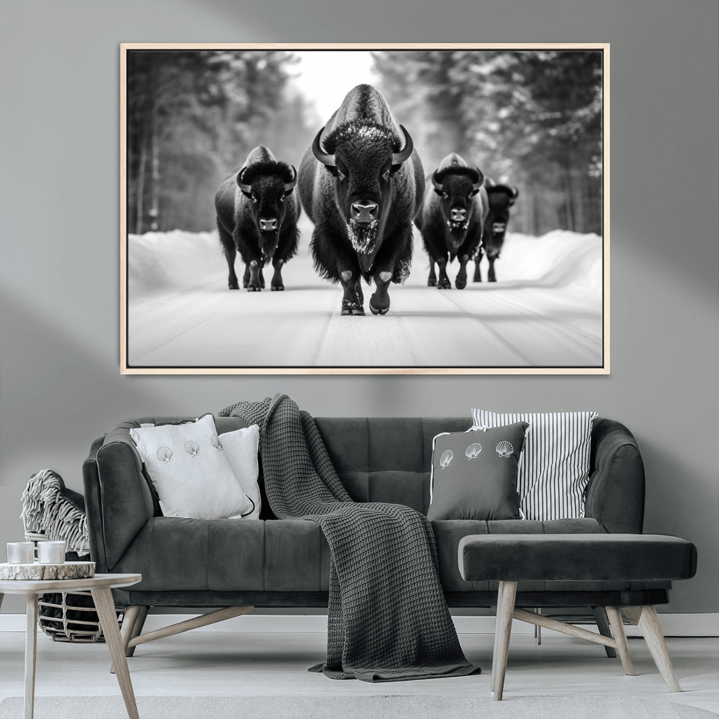 45287-MGV-CV-36X24-Bison Herd Wall Art – Black and White Buffalo Snow Road Canvas Print, Rustic Wildlife Decor for Cabin, Lodge or Living Room