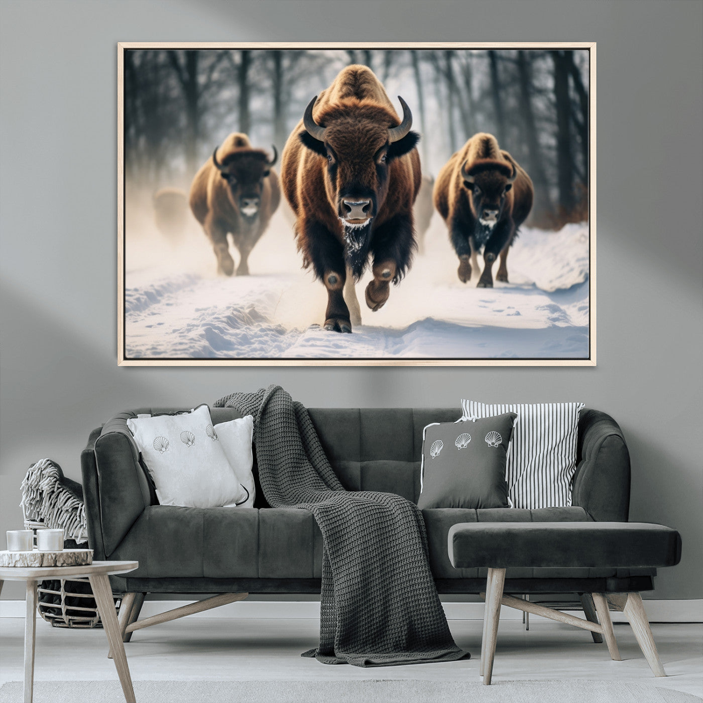 56549-MGV-CV-36X24-Wild Bison Wall Art – Majestic Buffalo Herd Running in Snow Canvas Print, Rustic Wildlife Photography Decor for Cabin, Lodge, or