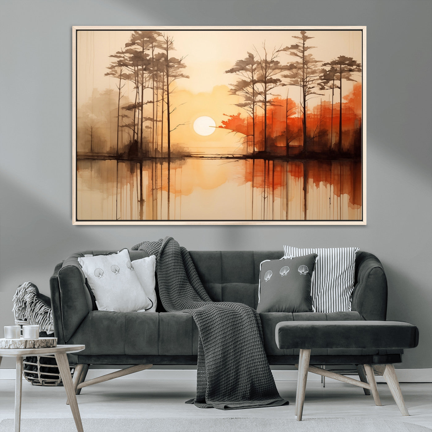 51083-MGV-FC-36X24_Natural-Sunset Lake Forest Wall Art – Serene Trees and Orange Sky Reflection Canvas Print, Tranquil Nature Decor for Living Room, Office