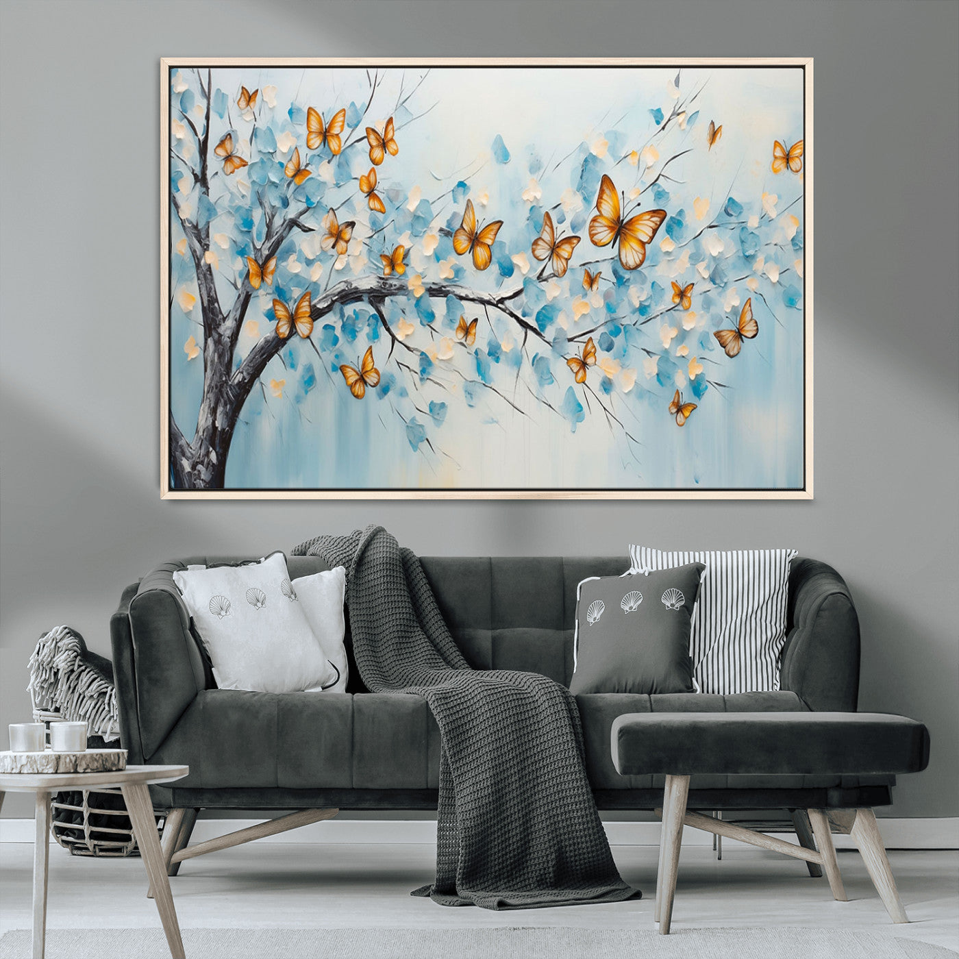 59455-MGV-CV-36X24-Butterfly Tree Branch Wall Art – Blue and Yellow Abstract Canvas Print, Modern Nature Artwork for Living Room, Bedroom or Office