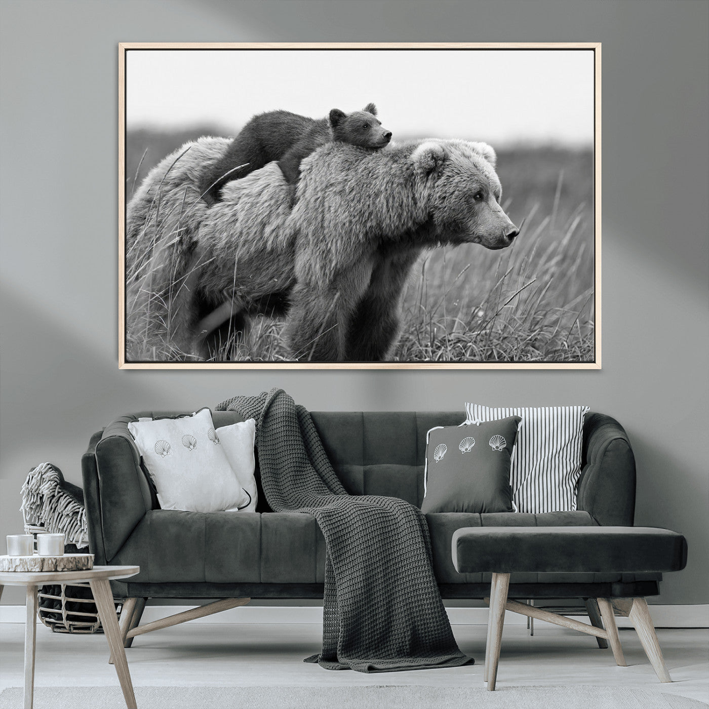 76338-MGV-FC-36X24_Natural-Mother Bear and Cub Wall Art – Black and White Wildlife Canvas Print, Rustic Nature Photography for Cabin, Living Room or Office