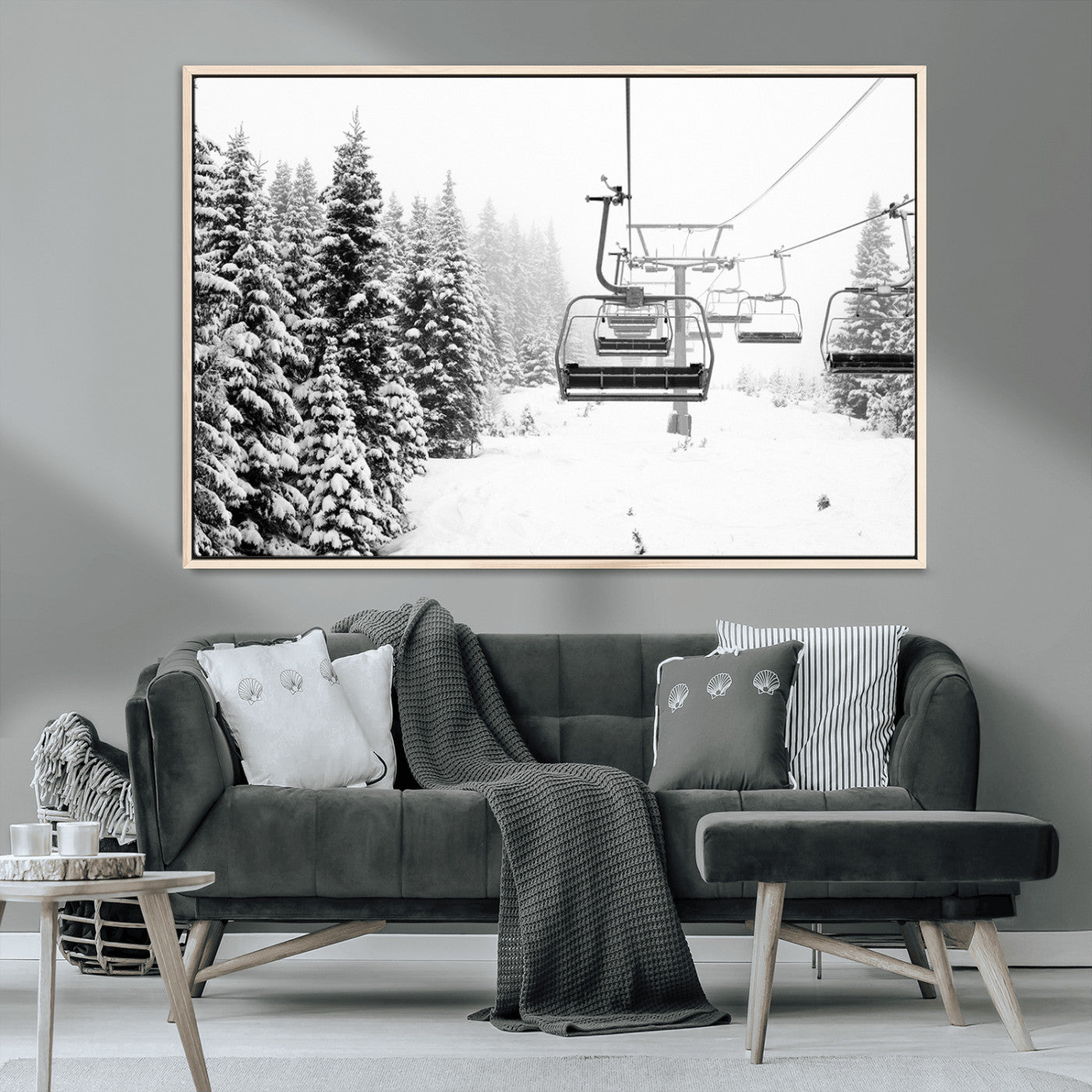 70609-MGV-CV-36X24-Snowy Ski Lift Wall Art – Black and White Winter Mountain Landscape Canvas Print, Rustic Lodge Decor for Cabin, Living Room or