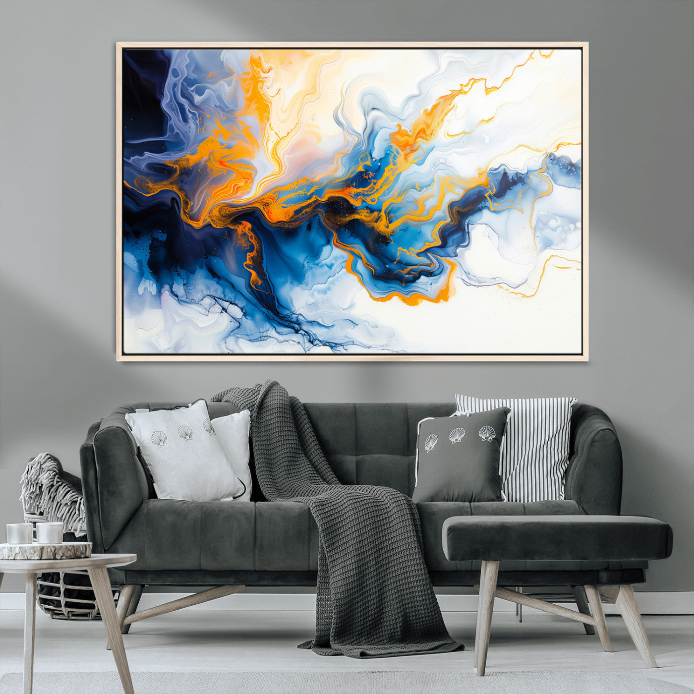 83720-MGV-FC-36X24_Natural-Abstract Fluid Wall Art – Blue, White and Gold Swirl Canvas Painting, Modern Contemporary Artwork for Living Room, Bedroom or