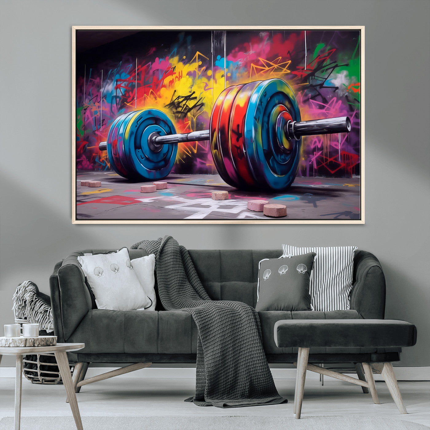 13549-MGV-CV-36X24-Graffiti Gym Wall Art Canvas Print, Framed Graffiti Barbell Art Picture Print, Weightlifting Perfect Fitness Studio Decor Artwork