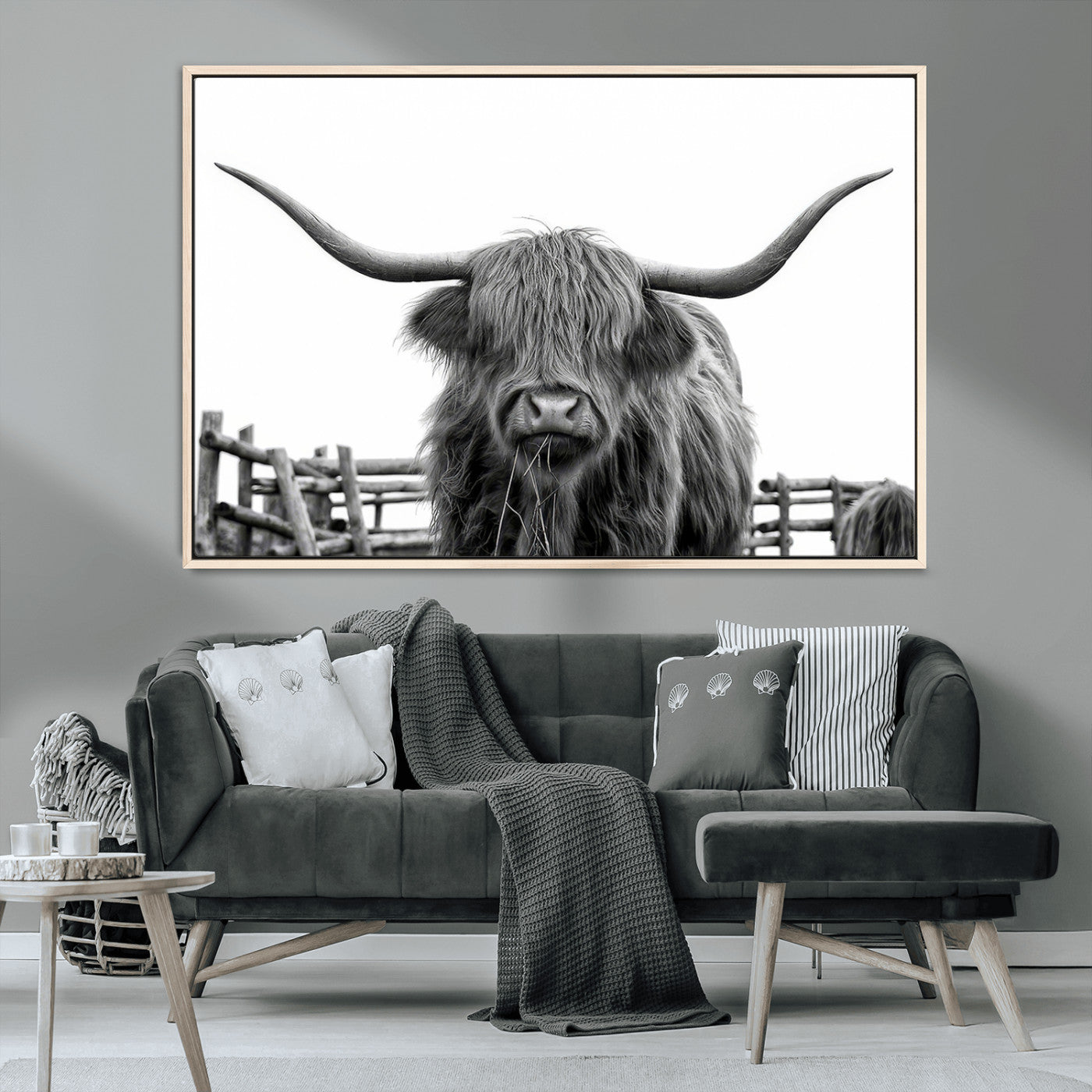 58188-MGV-CV-36X24-Highland Cow Wall Art – Black and White Rustic Farmhouse Canvas Print, Longhorn Cattle Photography Decor for Living Room or
