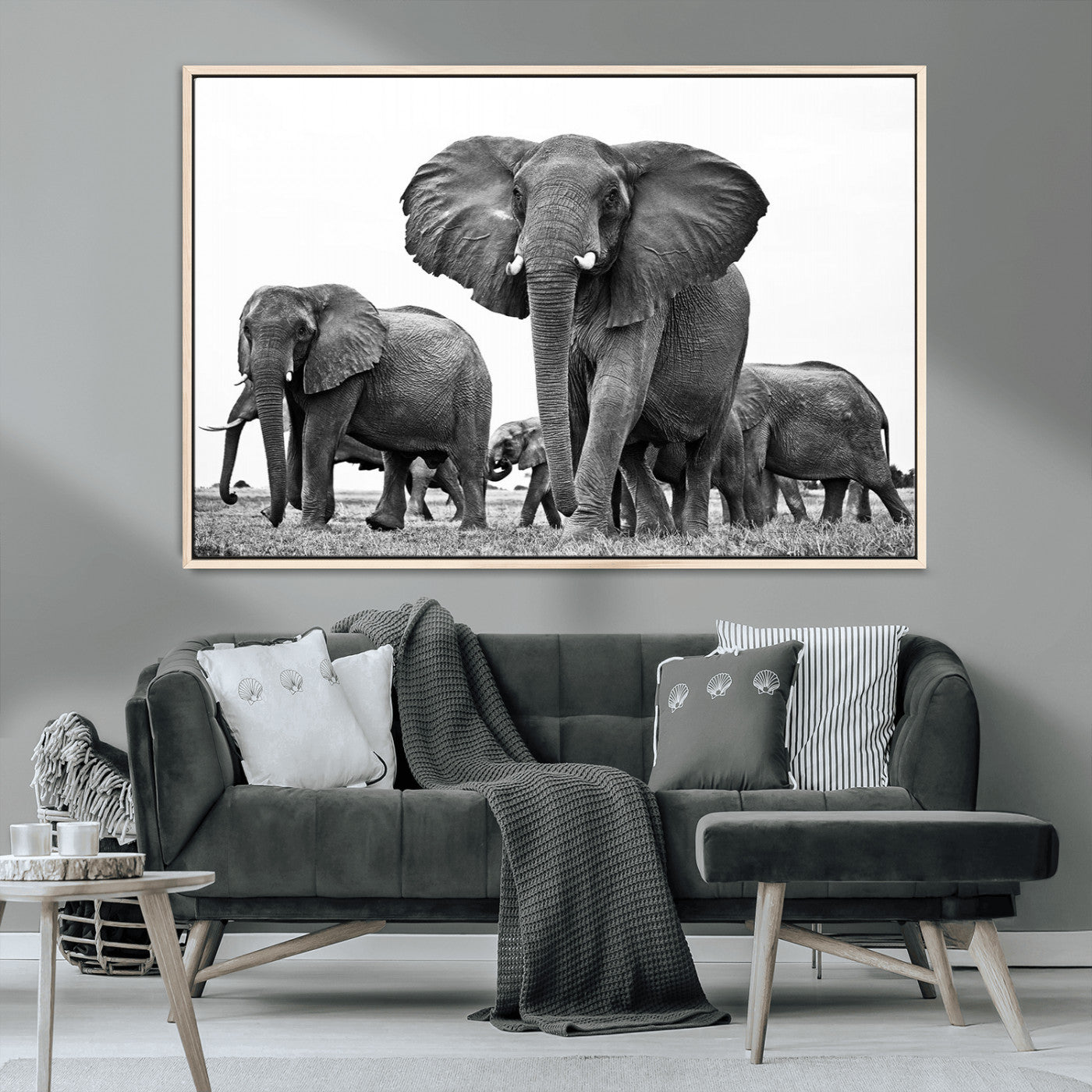 91685-MGV-CV-36X24-Elephant Herd Wall Art – Black and White Safari Canvas Print, African Wildlife Photography Decor for Living Room, Office or