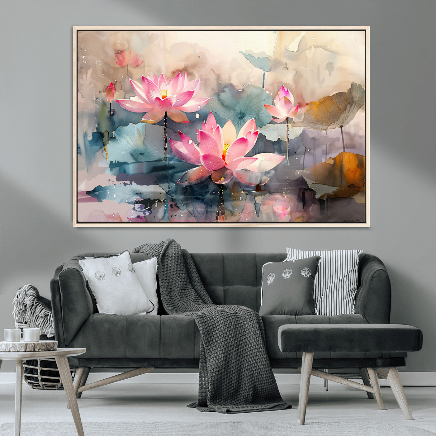 27936-MGV-CV-36X24-Lotus Pond Wall Art – Watercolor Pink Lotus Flowers Canvas Print, Tranquil Botanical Artwork for Bedroom, Living Room or