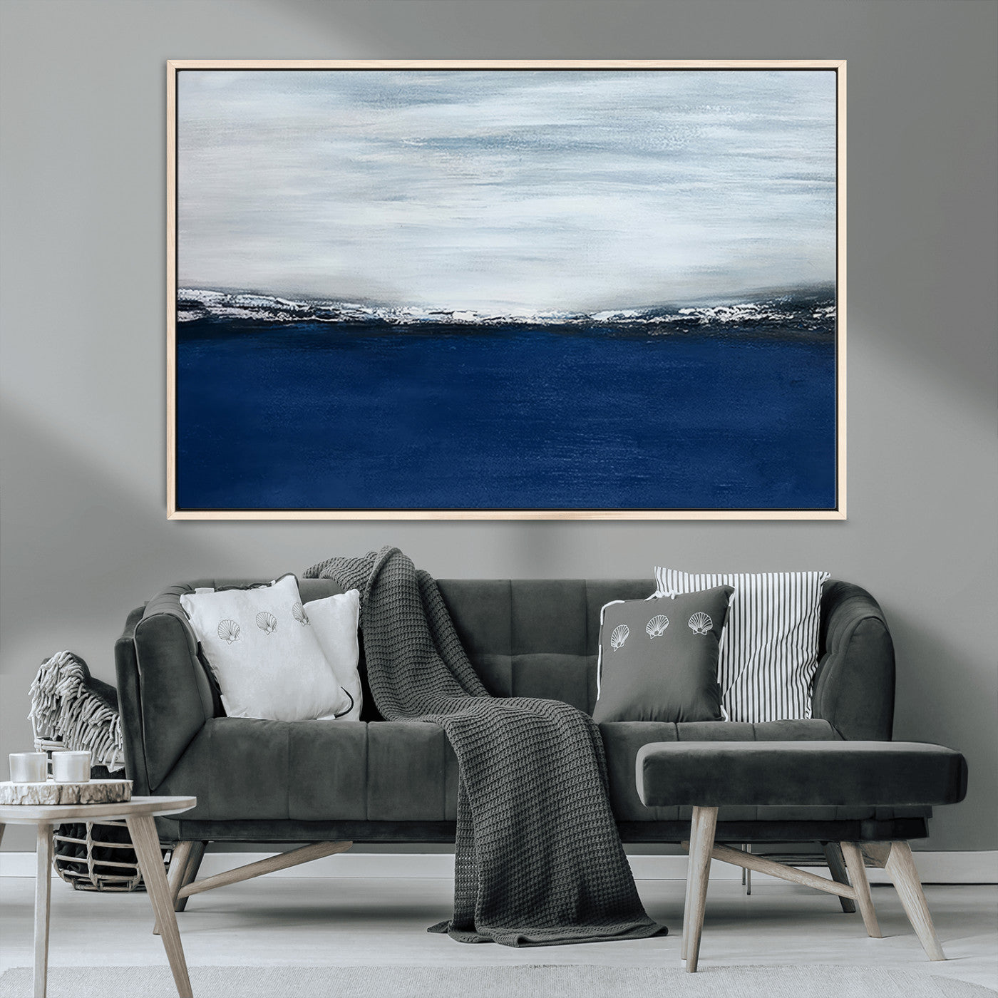 62197-MGV-CV-36X24-Abstract Ocean Wall Art – Minimalist Blue and White Canvas Print, Modern Coastal Seascape Painting for Bedroom, Living Room or